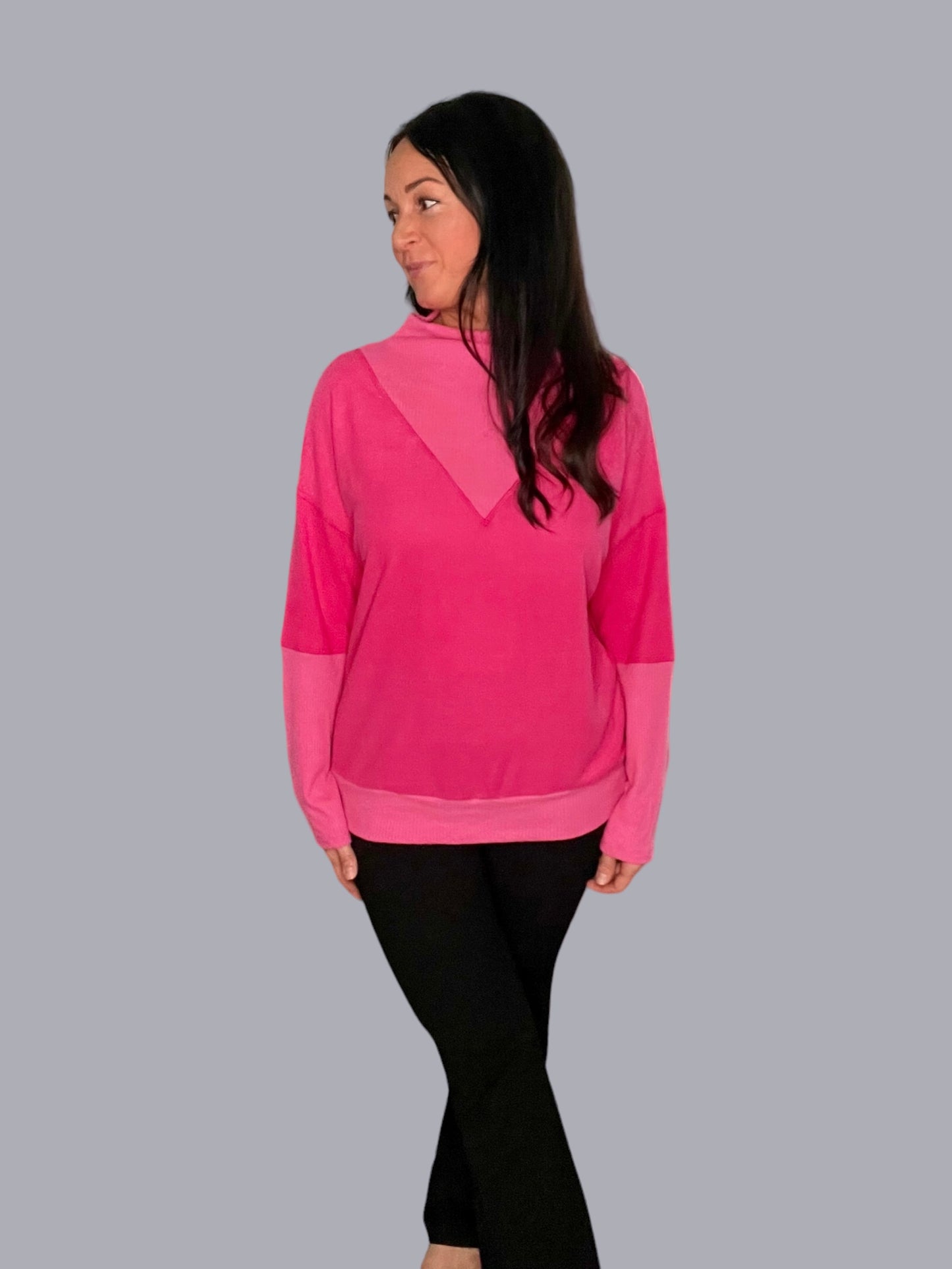 Mock Neck Contrast Long-Sleeve Top