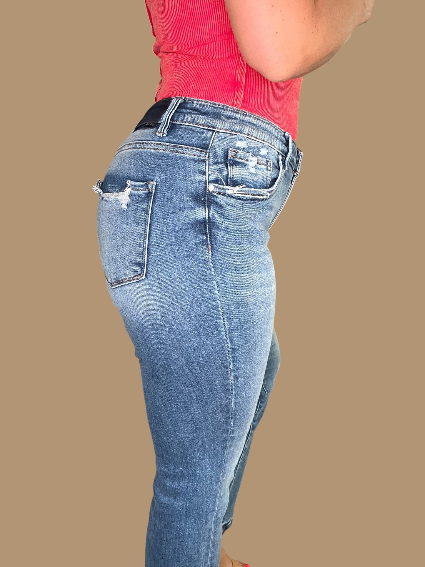 Risen Mid-Rise Straight Leg Jeans