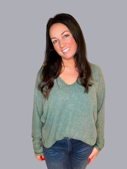 Mineral Washed V-Neck Back Detail Top