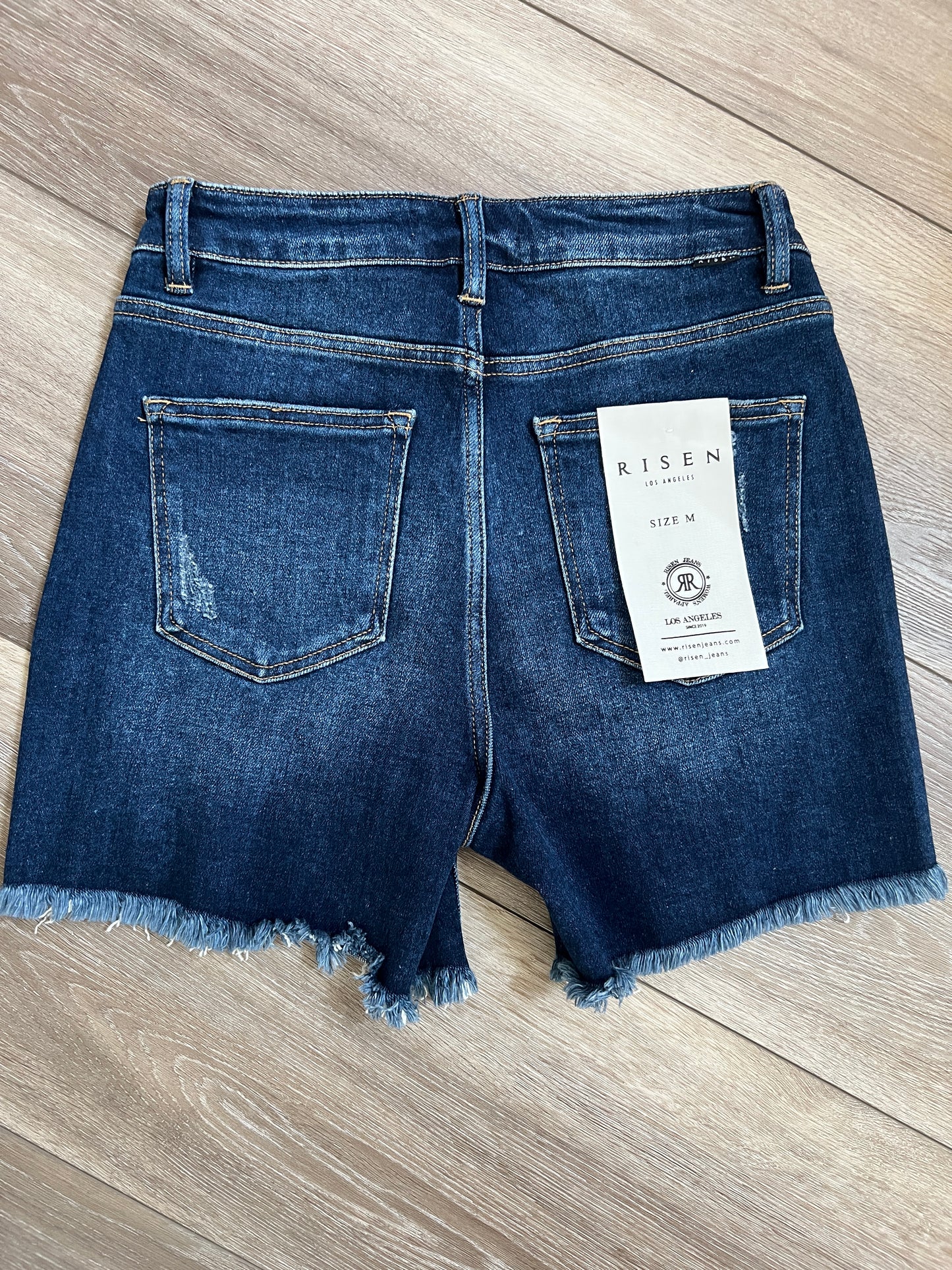 Risen High-Rise Distressed Mid-Thigh Denim Shorts