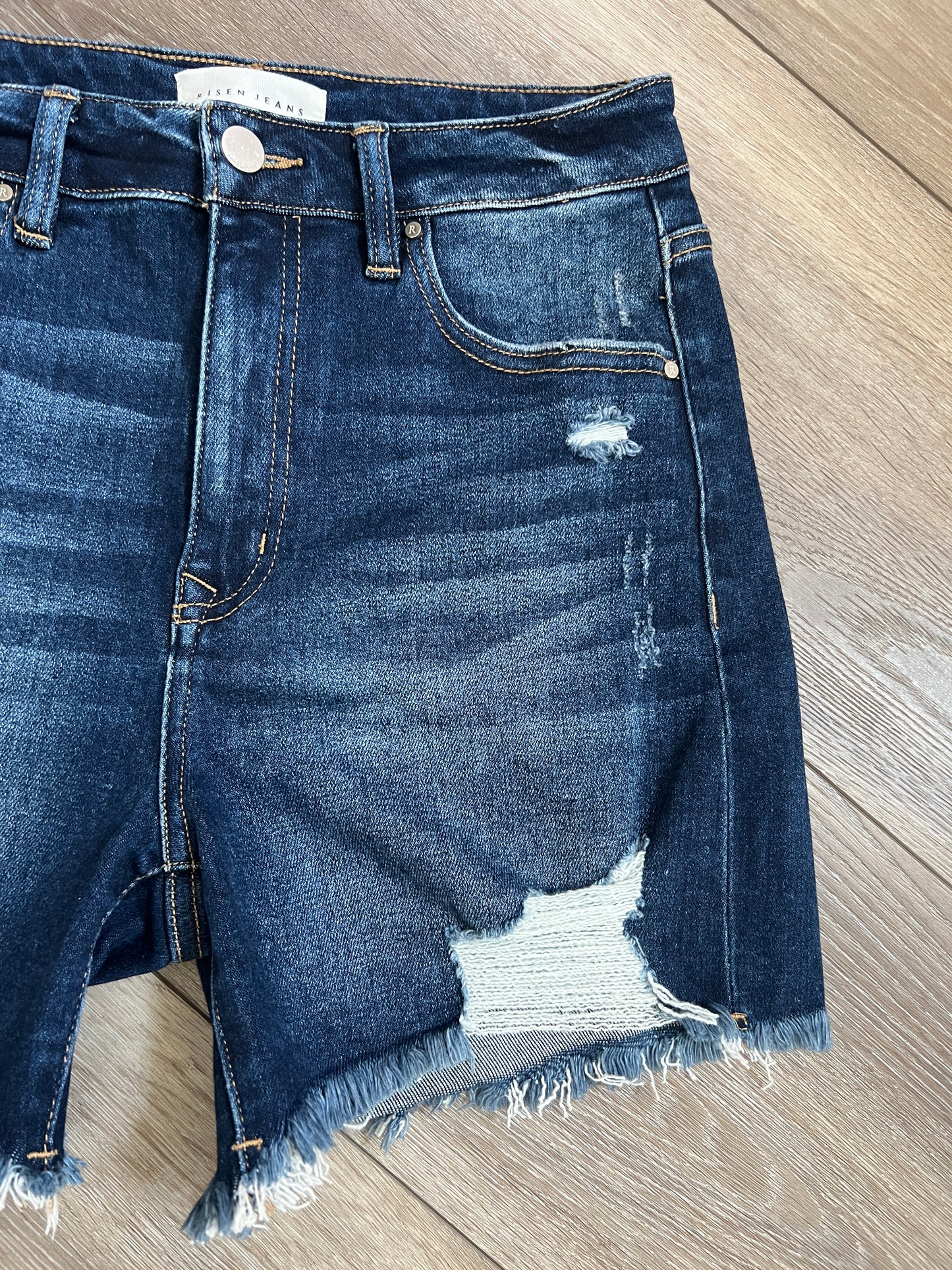 Risen High-Rise Distressed Mid-Thigh Denim Shorts