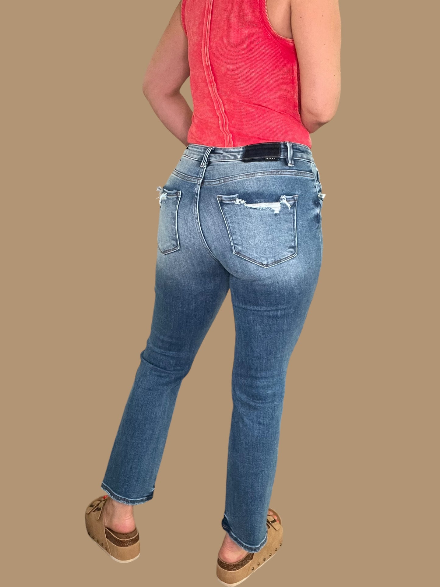 Risen Mid-Rise Straight Leg Jeans