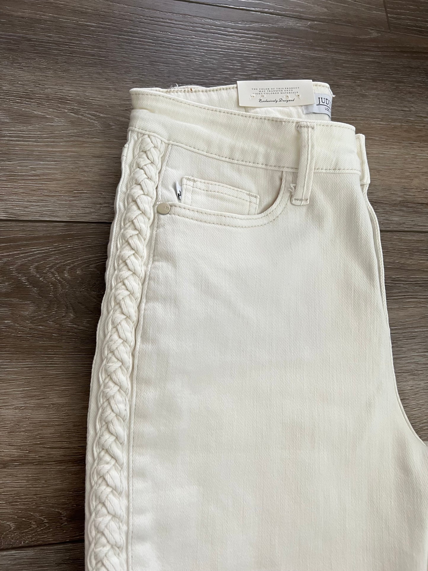 Judy Blue Mid-Rise Braided Relaxed Skinny White Jeans