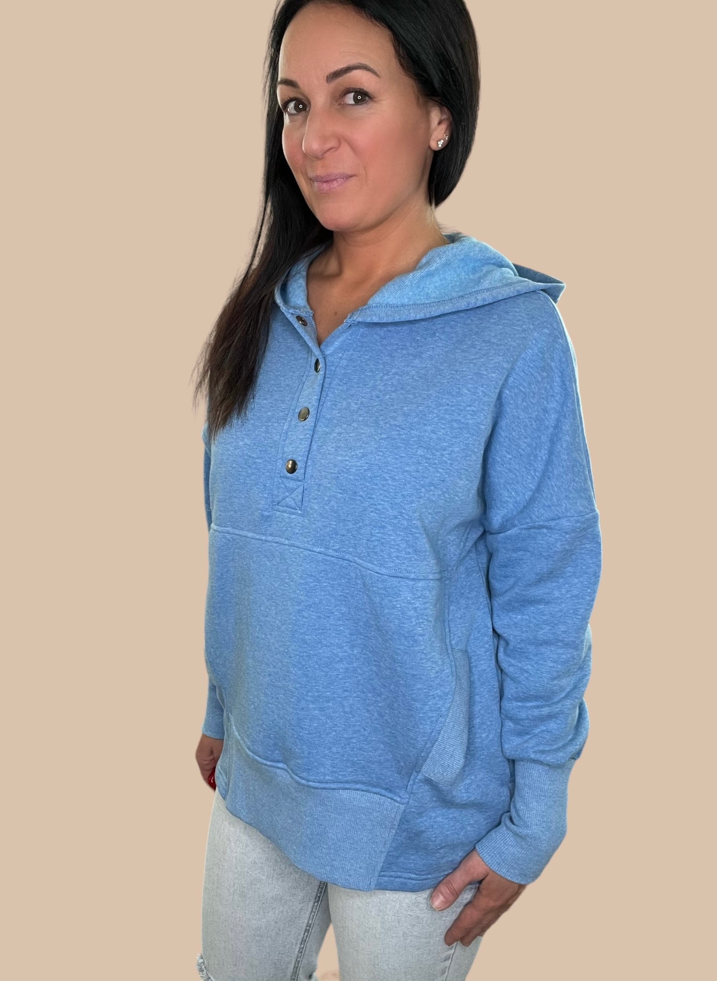 Snap Button Fleece Hoodie w/ Pocket