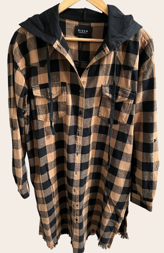 Longline Button-Up Plaid Flannel Hoodie