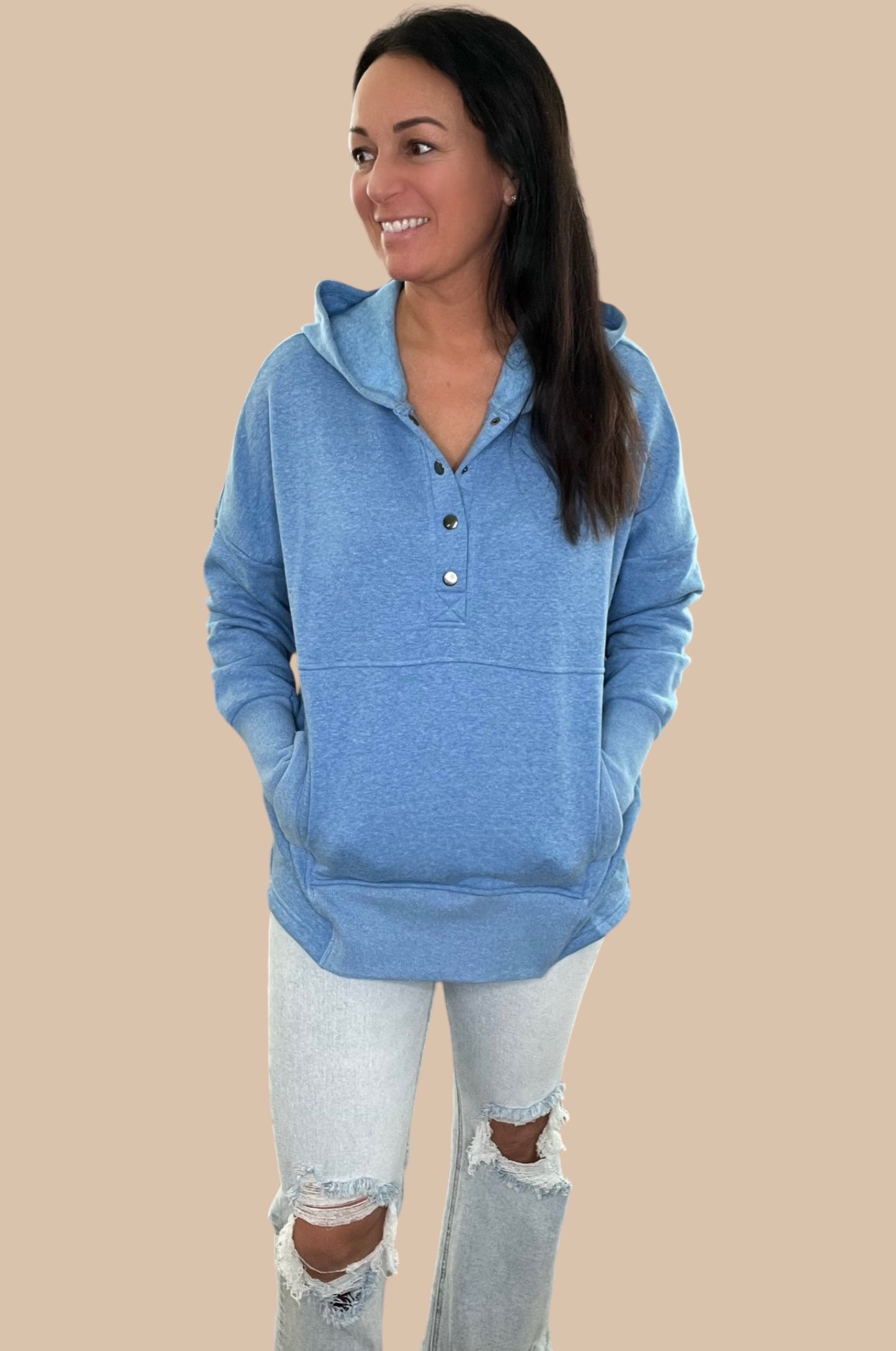 Snap Button Fleece Hoodie w/ Pocket