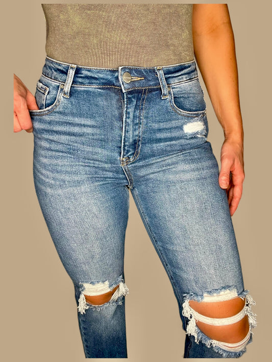 Risen High-Rise Knee Distressed Ankle Jeans