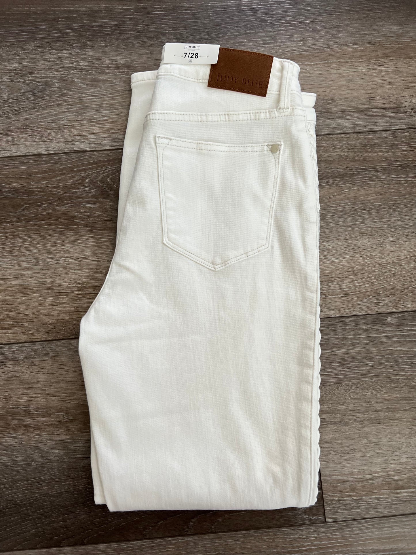 Judy Blue Mid-Rise Braided Relaxed Skinny White Jeans