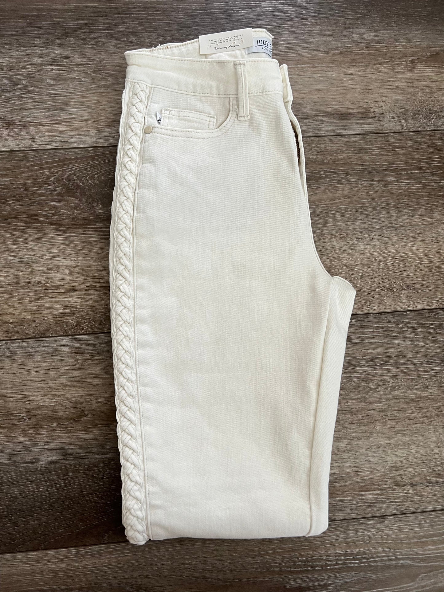 Judy Blue Mid-Rise Braided Relaxed Skinny White Jeans