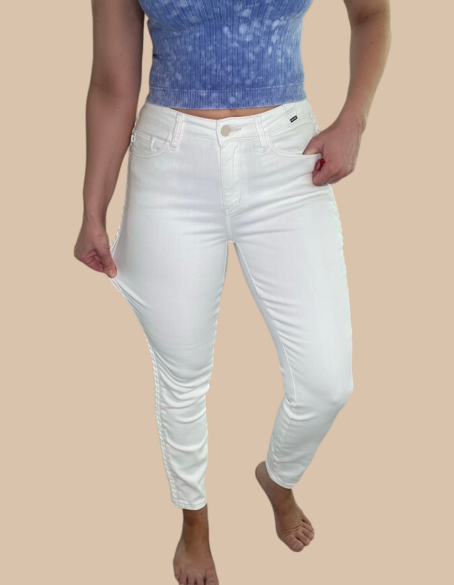 Judy Blue Mid-Rise Braided Relaxed Skinny White Jeans