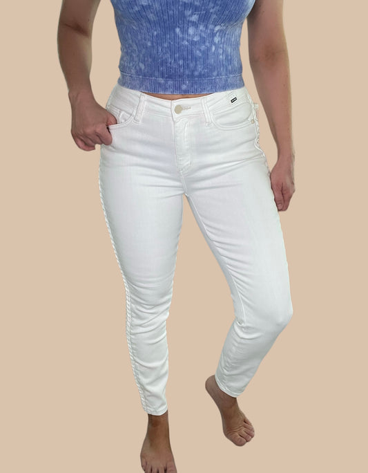Judy Blue Mid-Rise Braided Relaxed Skinny White Jeans
