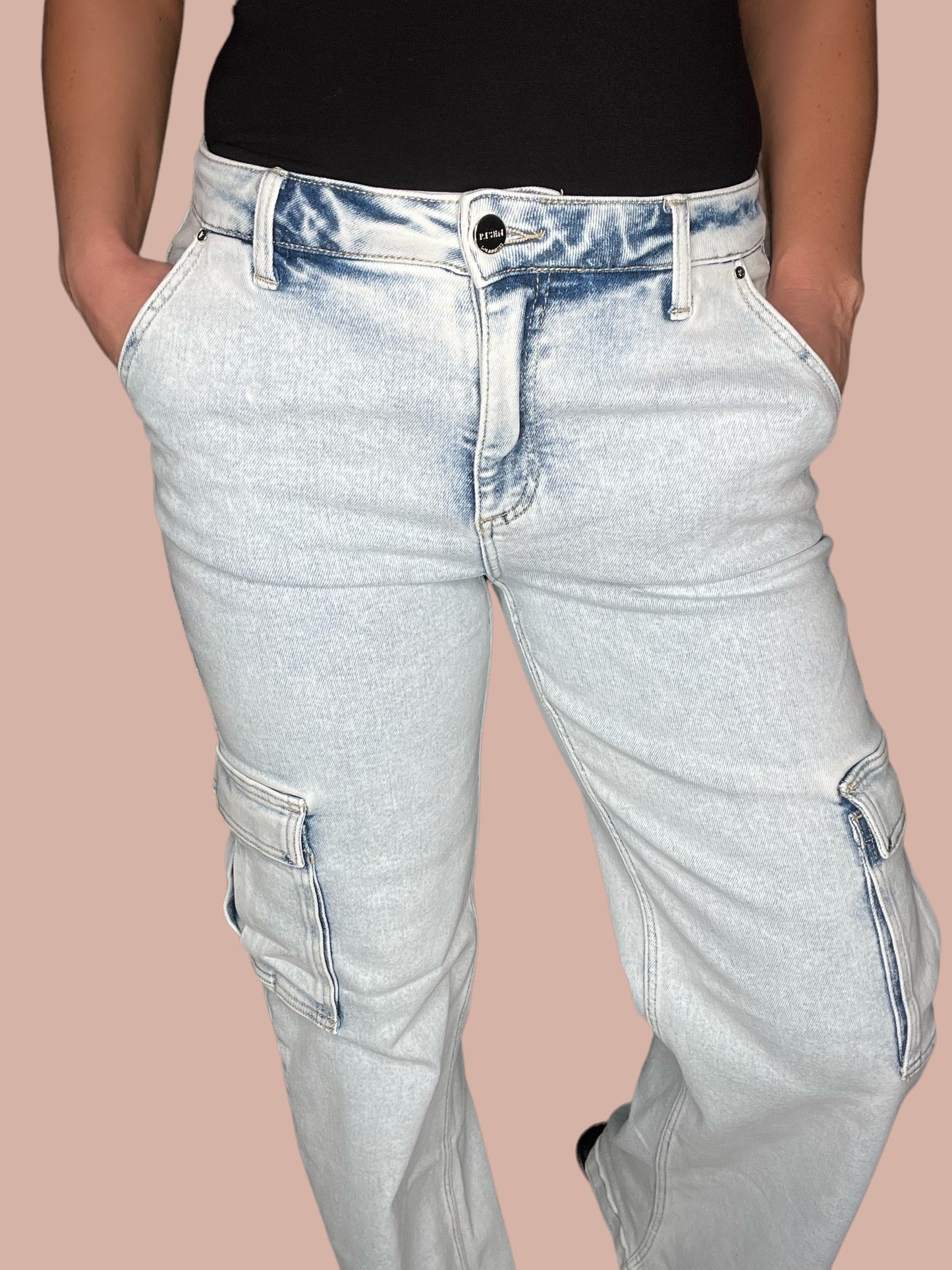 Risen Wide Leg Light Wash Cargo Jeans