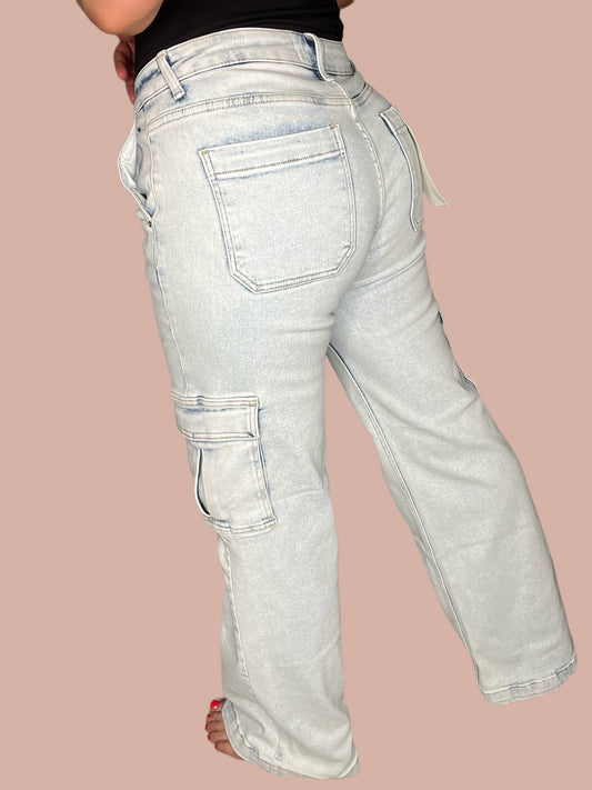 Risen Wide Leg Light Wash Cargo Jeans