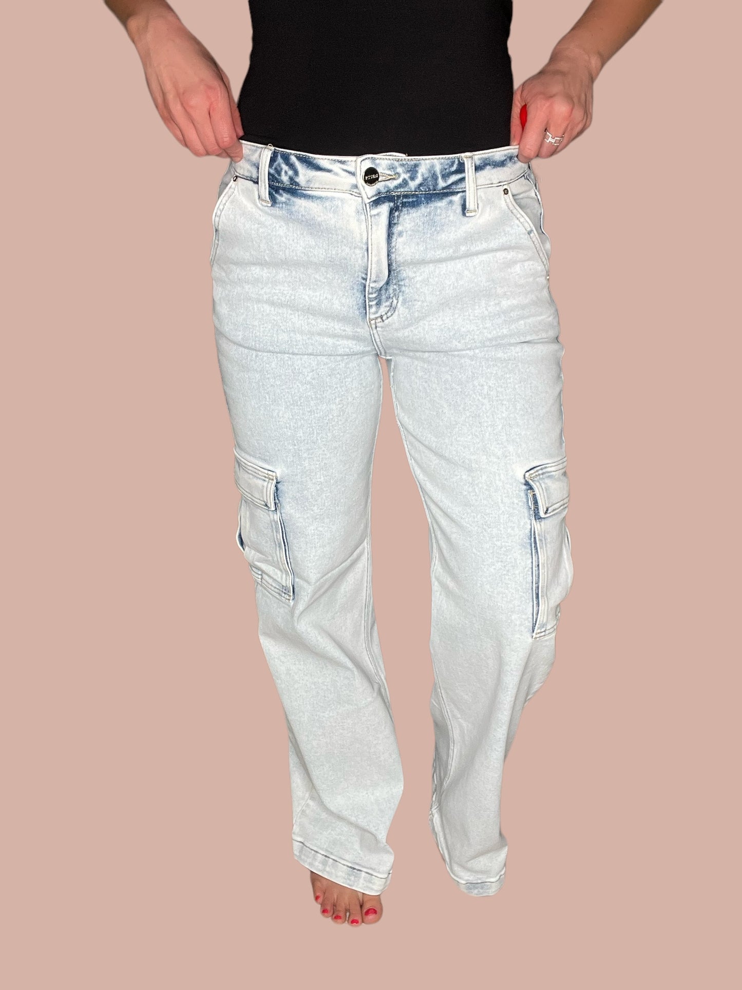 Risen Wide Leg Light Wash Cargo Jeans