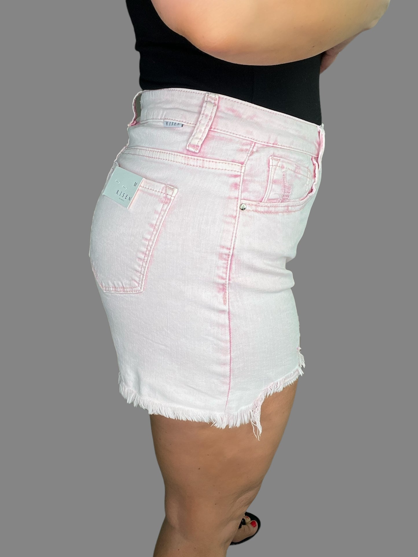 Risen High-Rise Acid Pink Distressed Jean Shorts