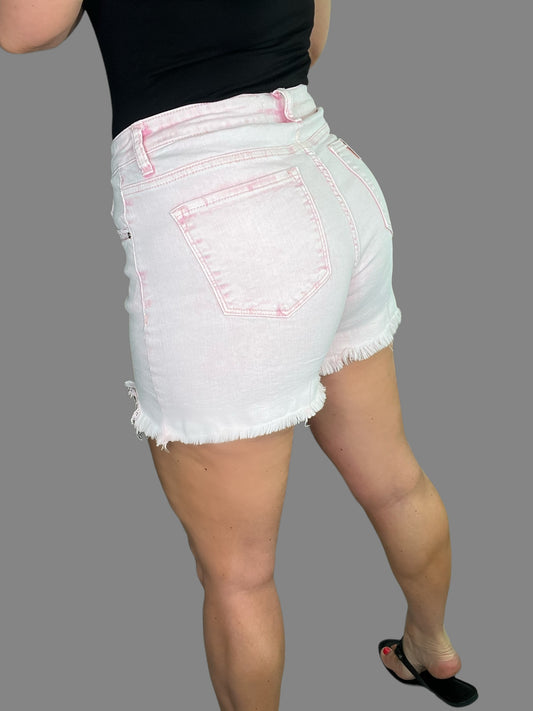 Risen High-Rise Acid Pink Distressed Jean Shorts