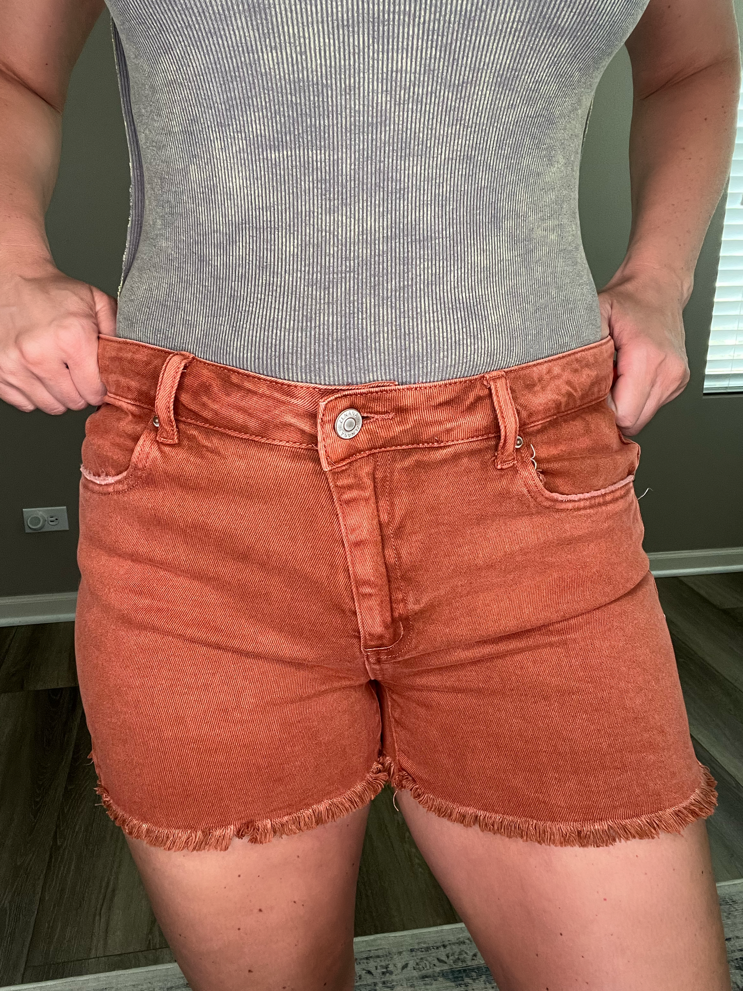Mid-Rise Garment Dyed Frayed Jean Shorts