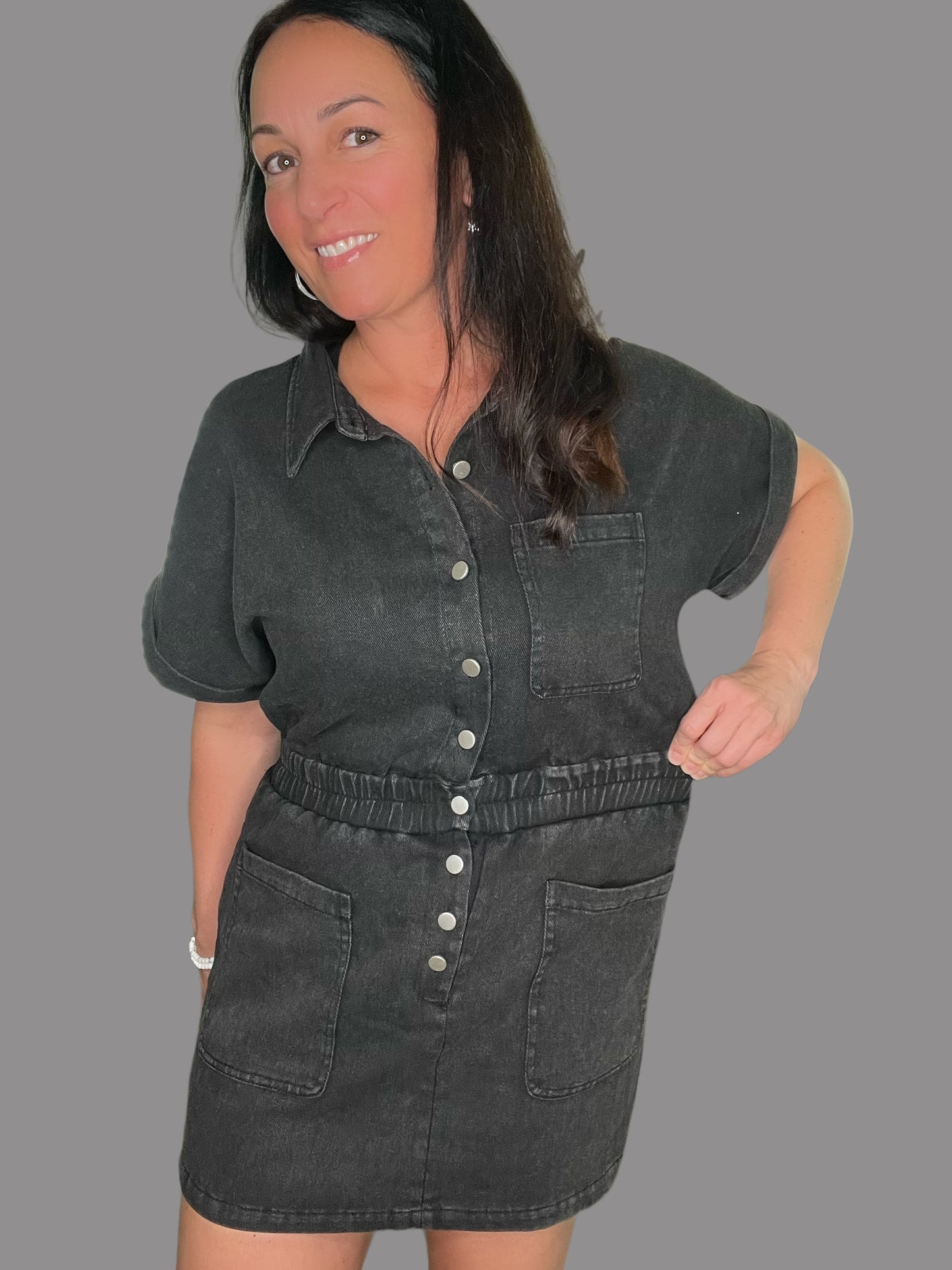 Button-Up Denim Dress w/ Built-In Shorts
