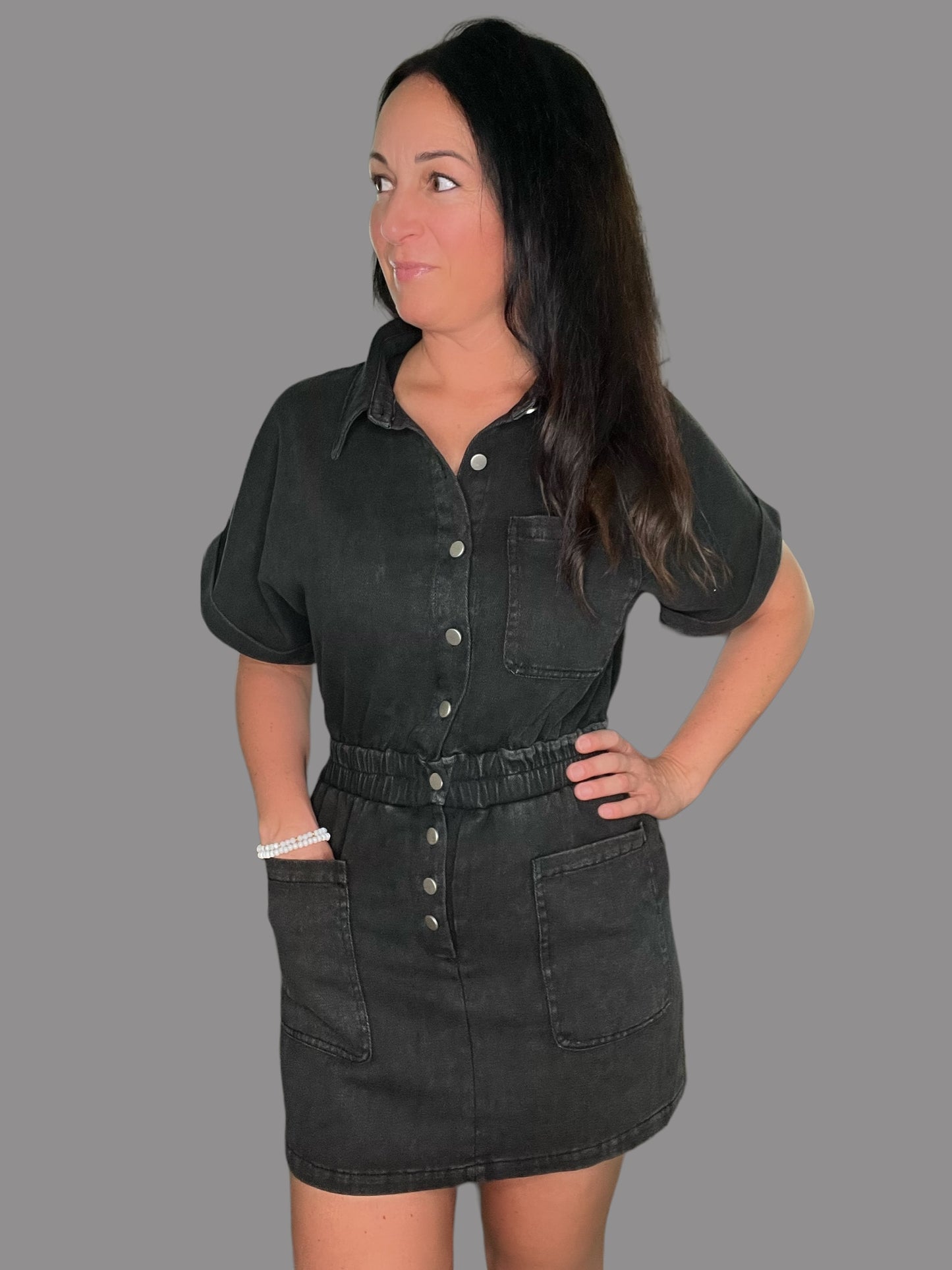 Button-Up Denim Dress w/ Built-In Shorts