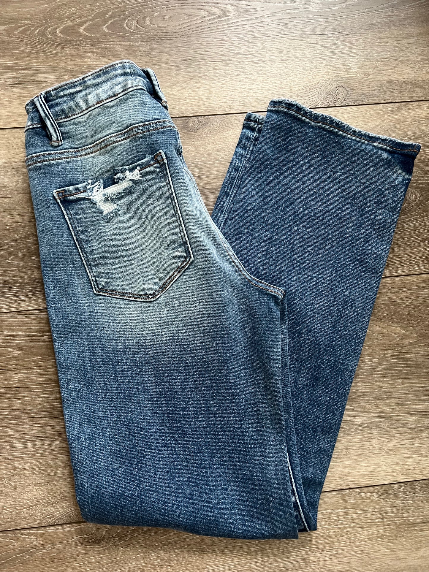 Risen Mid-Rise Straight Leg Jeans