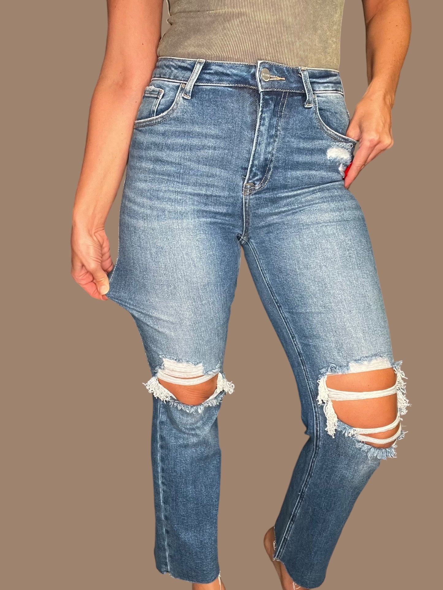 Risen High-Rise Knee Distressed Ankle Jeans