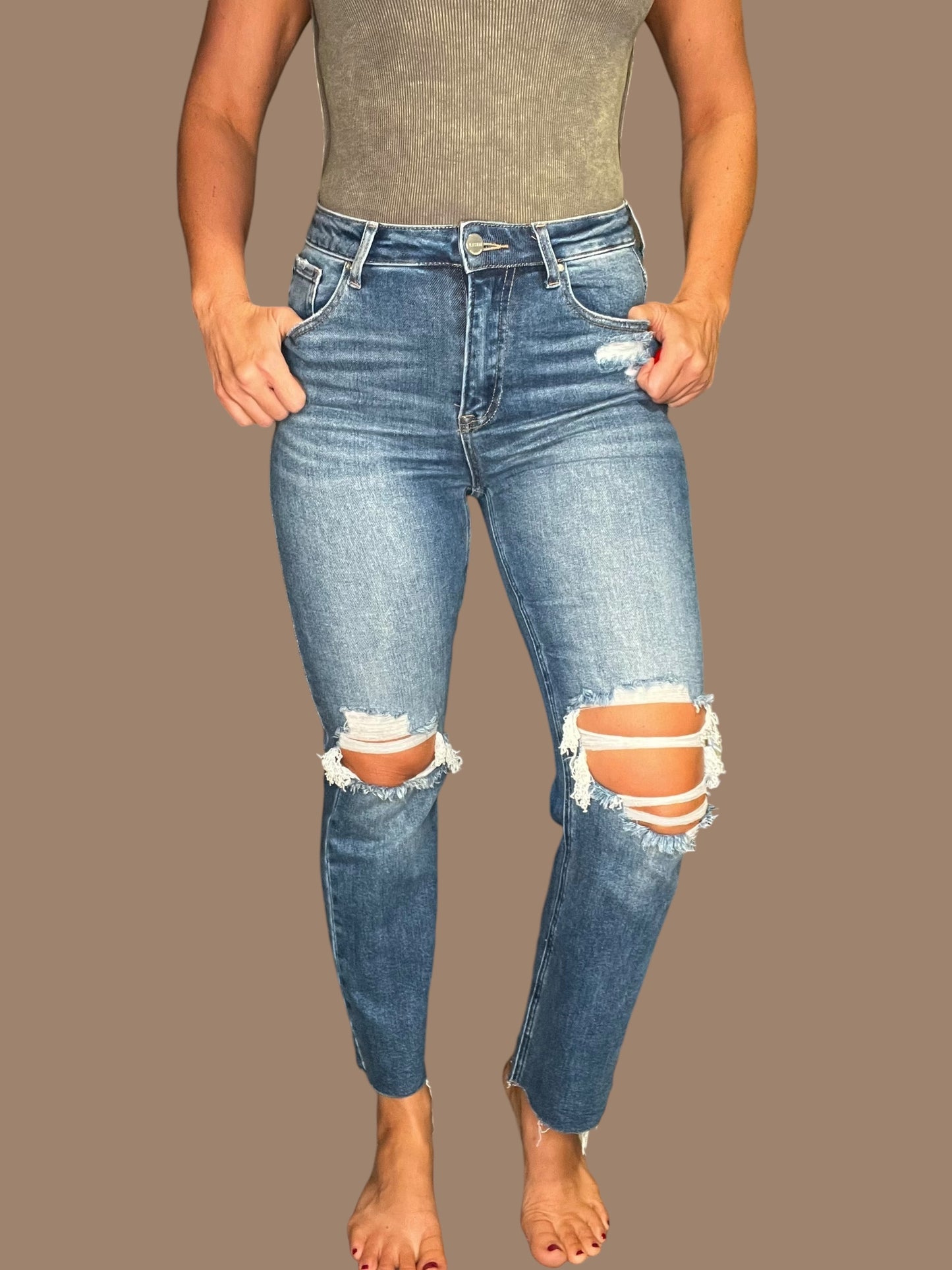 Risen High-Rise Knee Distressed Ankle Jeans