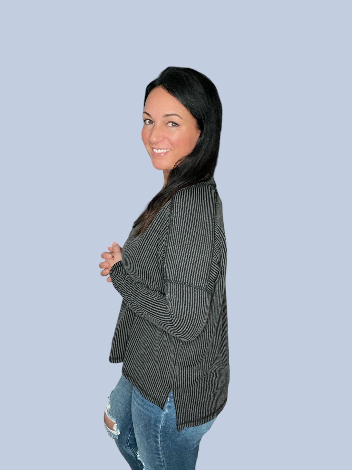 Corded Rib Long Sleeve V-Neck Top