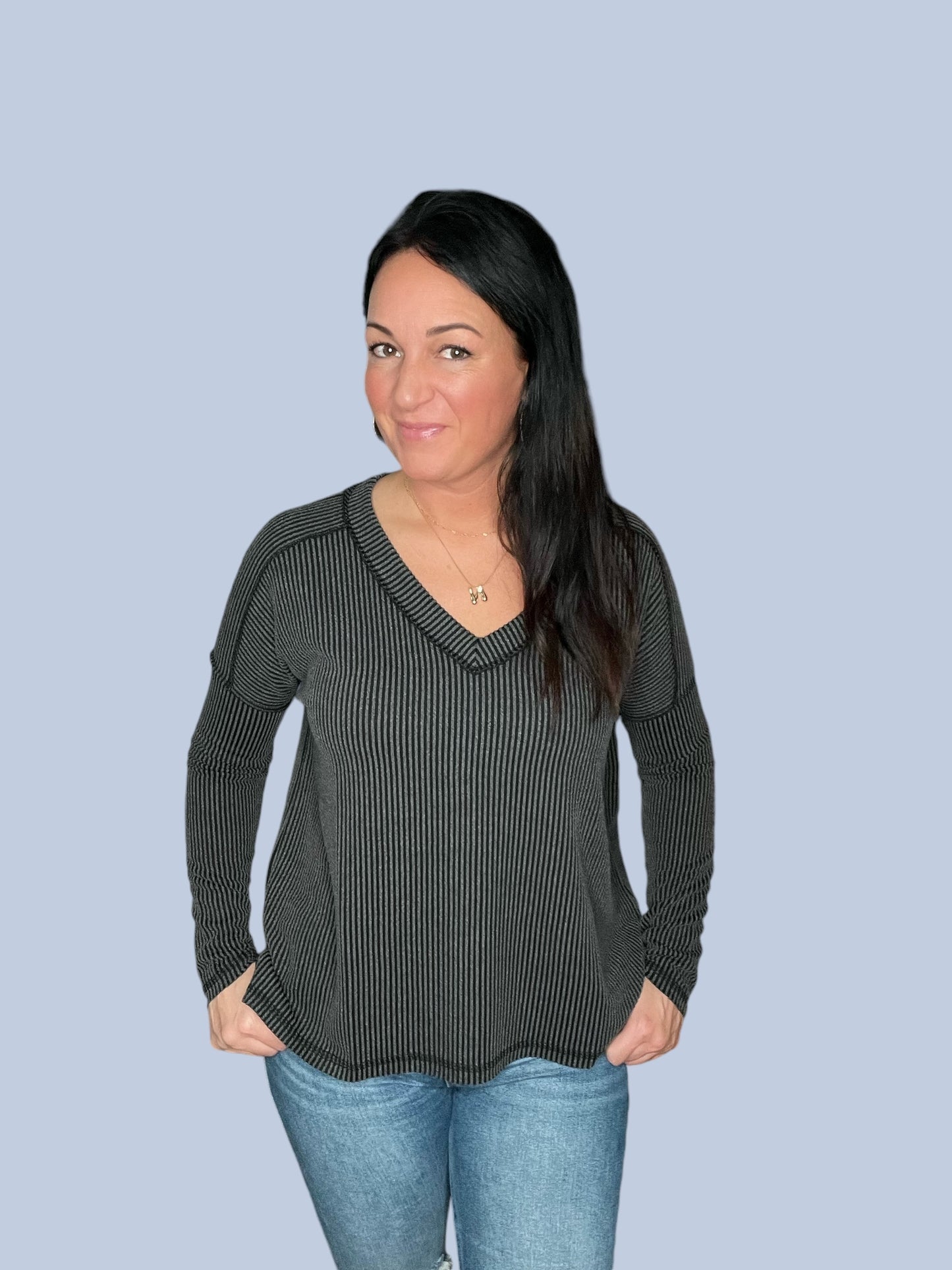 Corded Rib Long Sleeve V-Neck Top