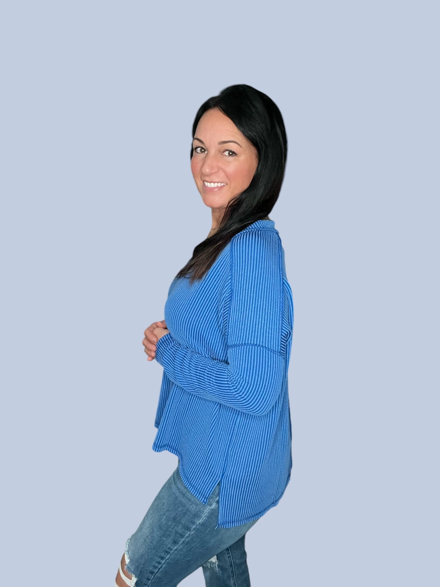Corded Rib Long Sleeve V-Neck Top