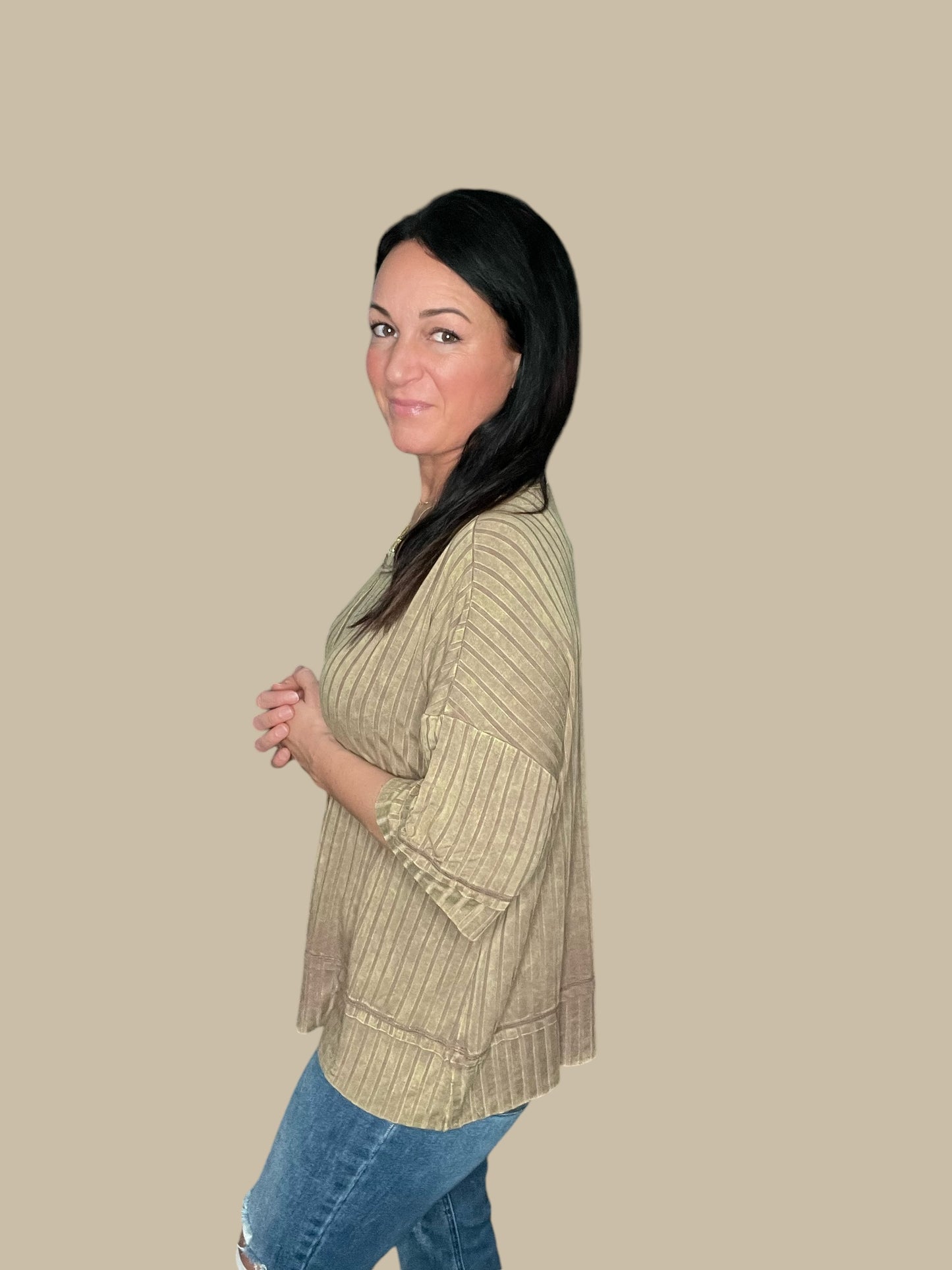 Ribbed Drop Shoulder Half Sleeve Top