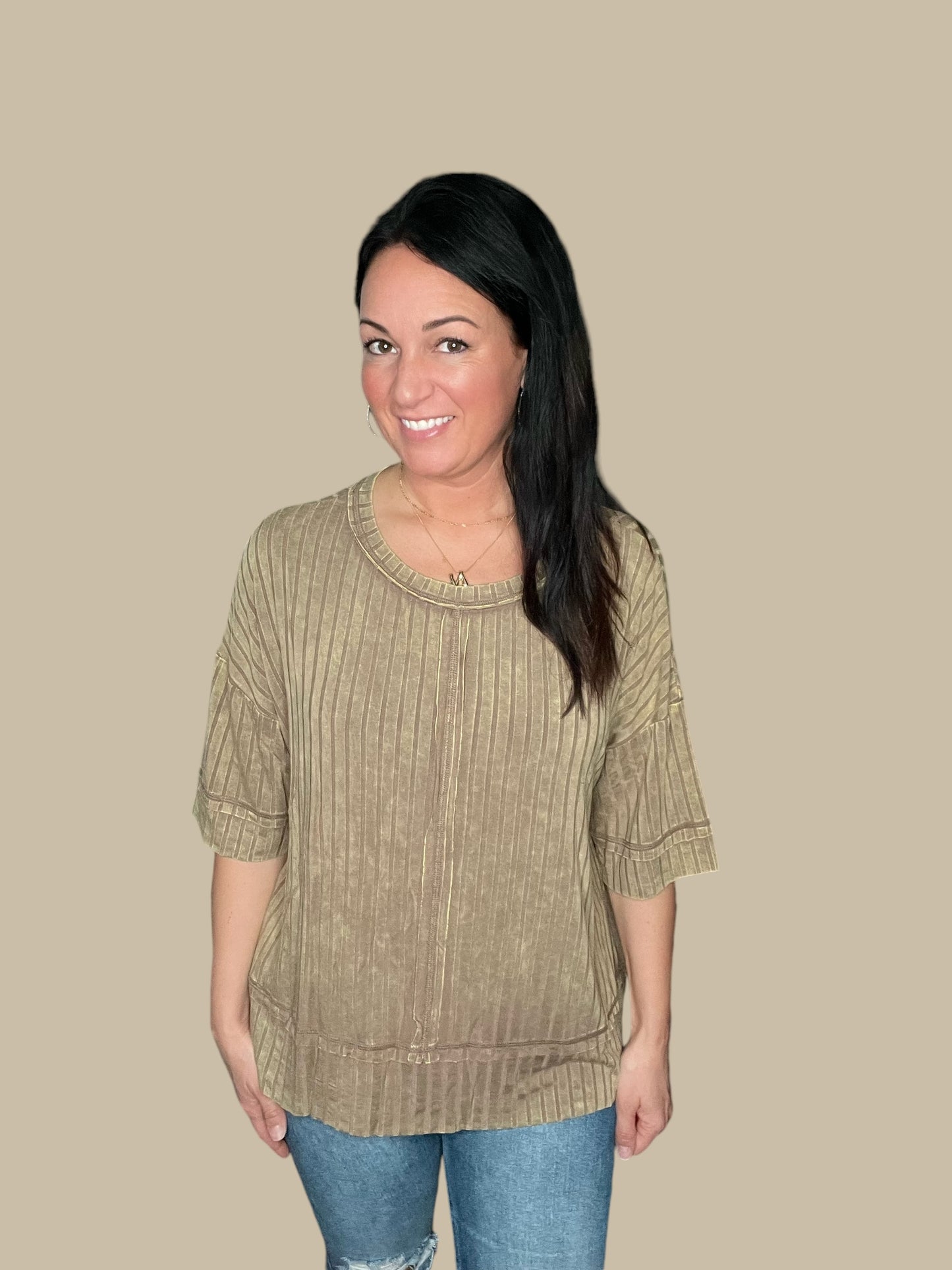 Ribbed Drop Shoulder Half Sleeve Top