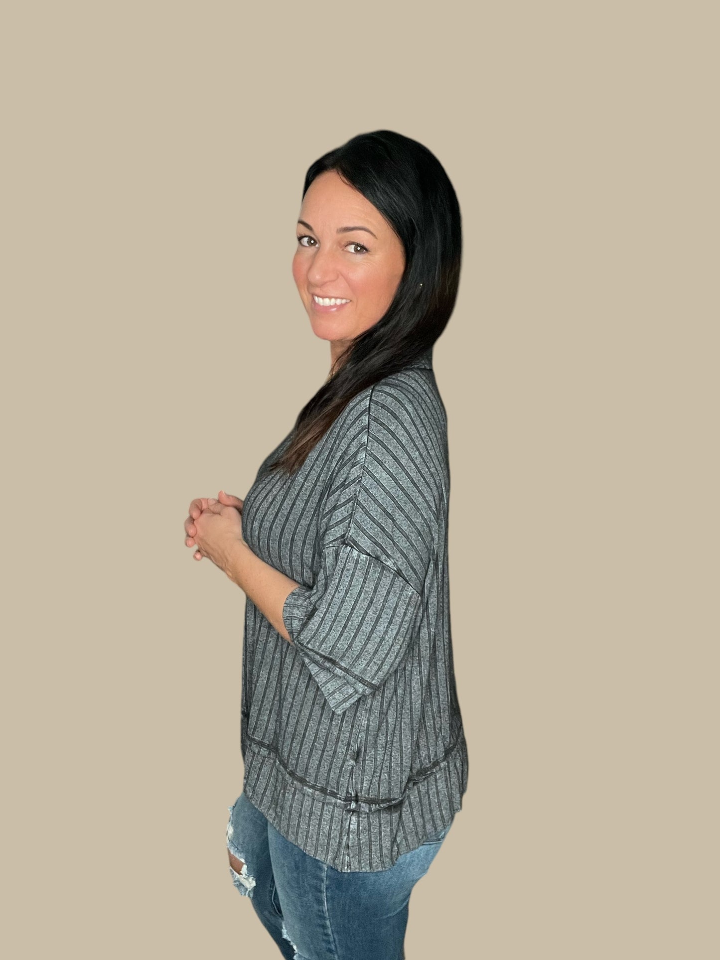 Ribbed Drop Shoulder Half Sleeve Top