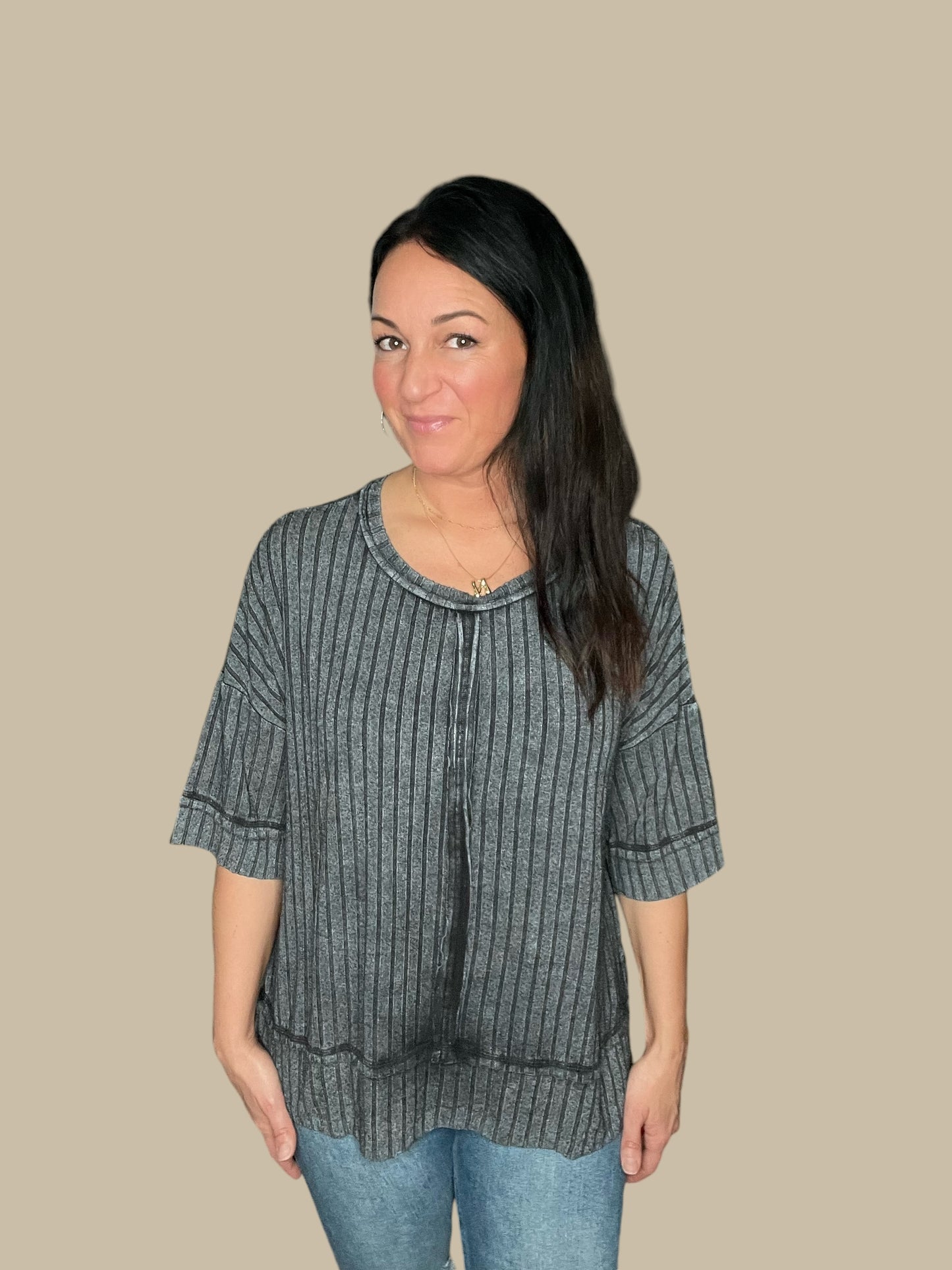 Ribbed Drop Shoulder Half Sleeve Top