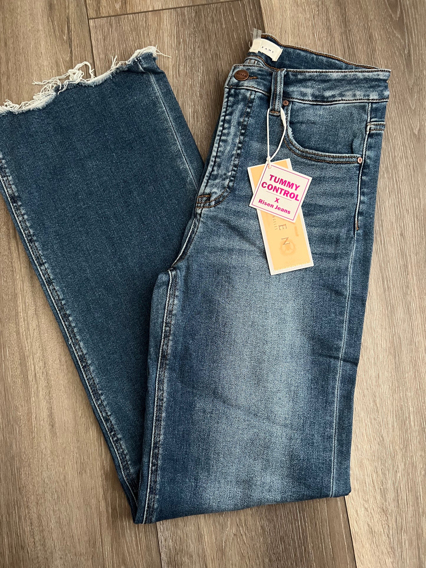 Risen Tummy Control High-Rise Wide Leg Raw Hem Jeans