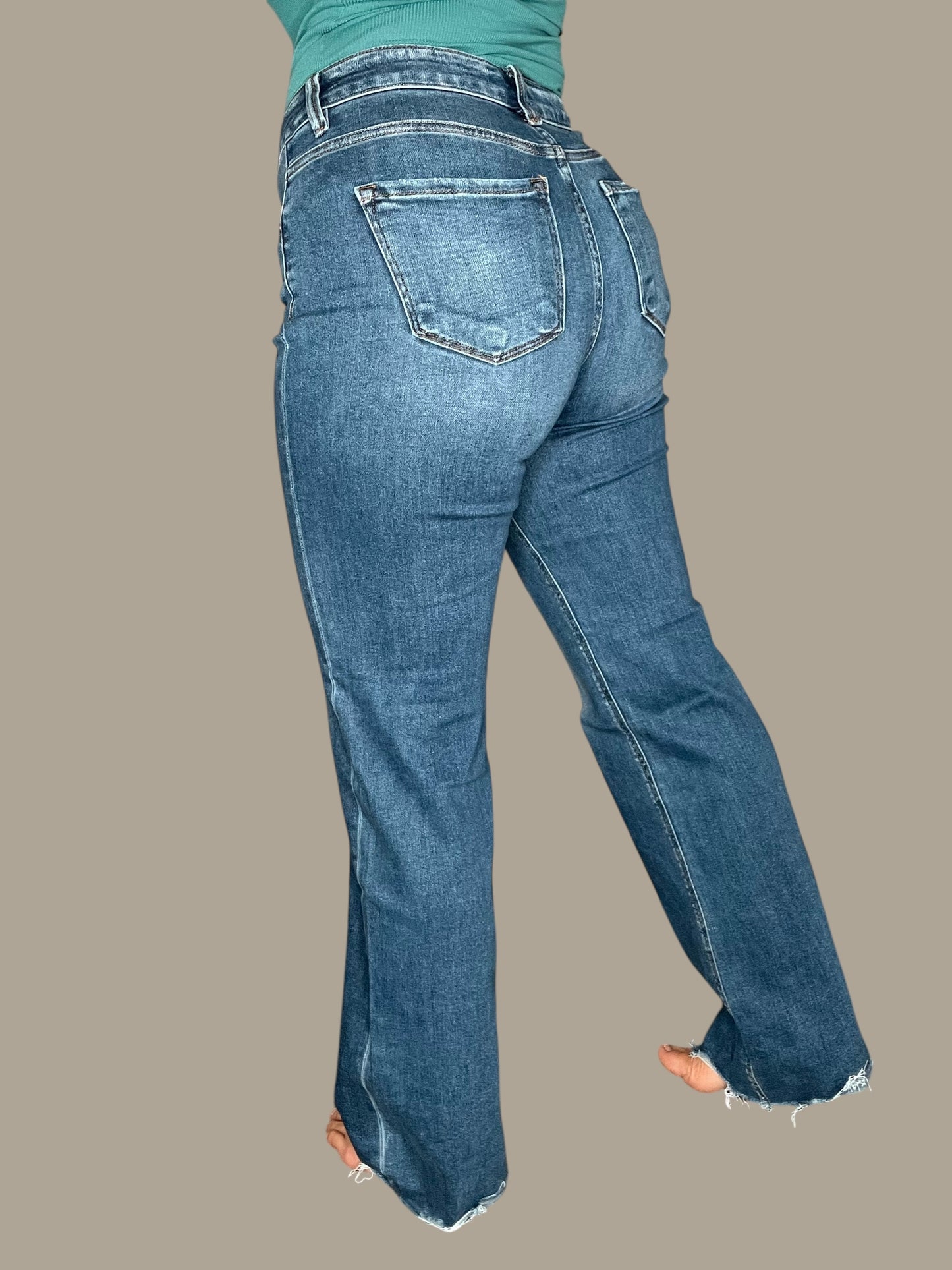 Risen Tummy Control High-Rise Wide Leg Raw Hem Jeans