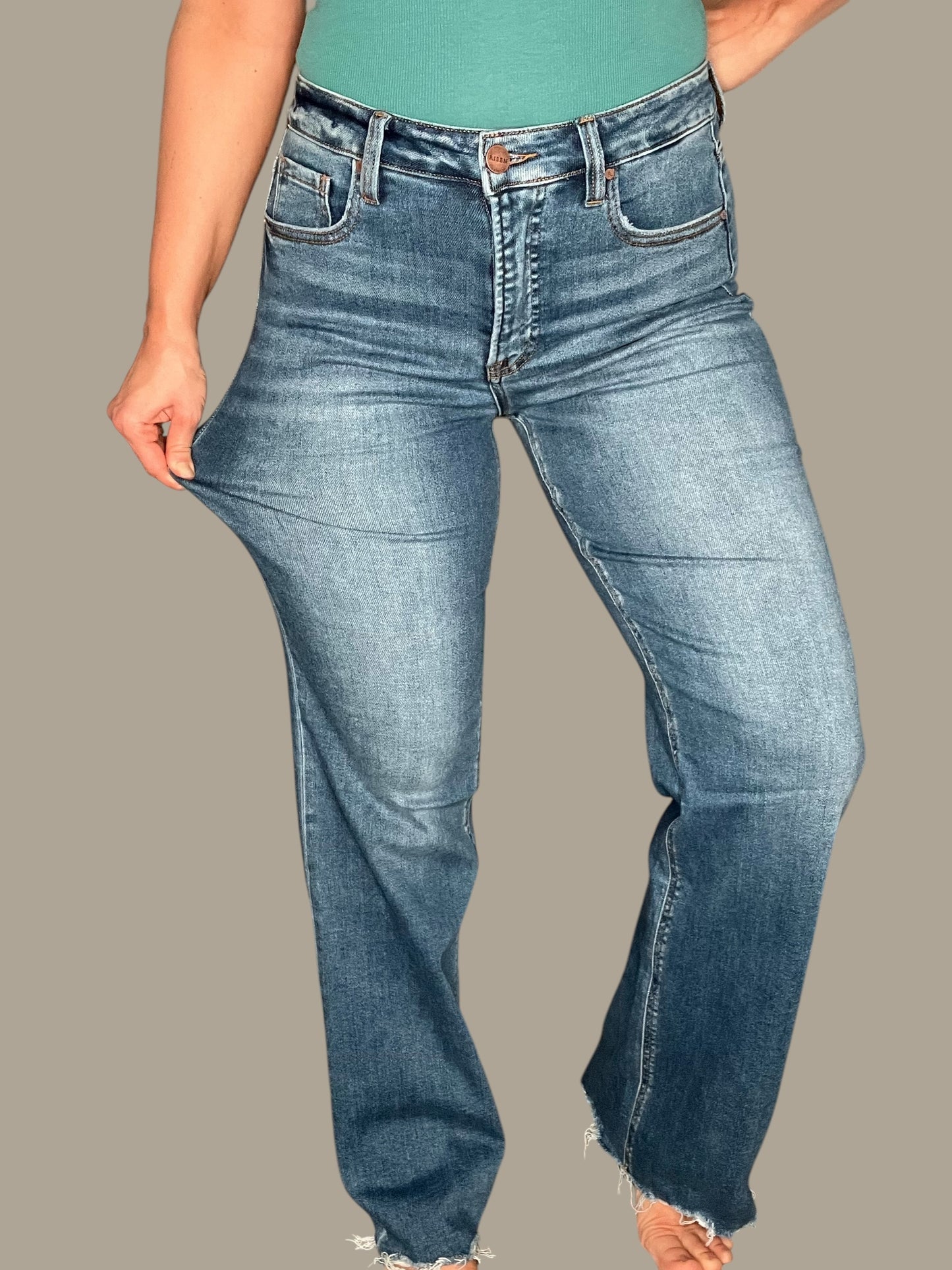 Risen Tummy Control High-Rise Wide Leg Raw Hem Jeans