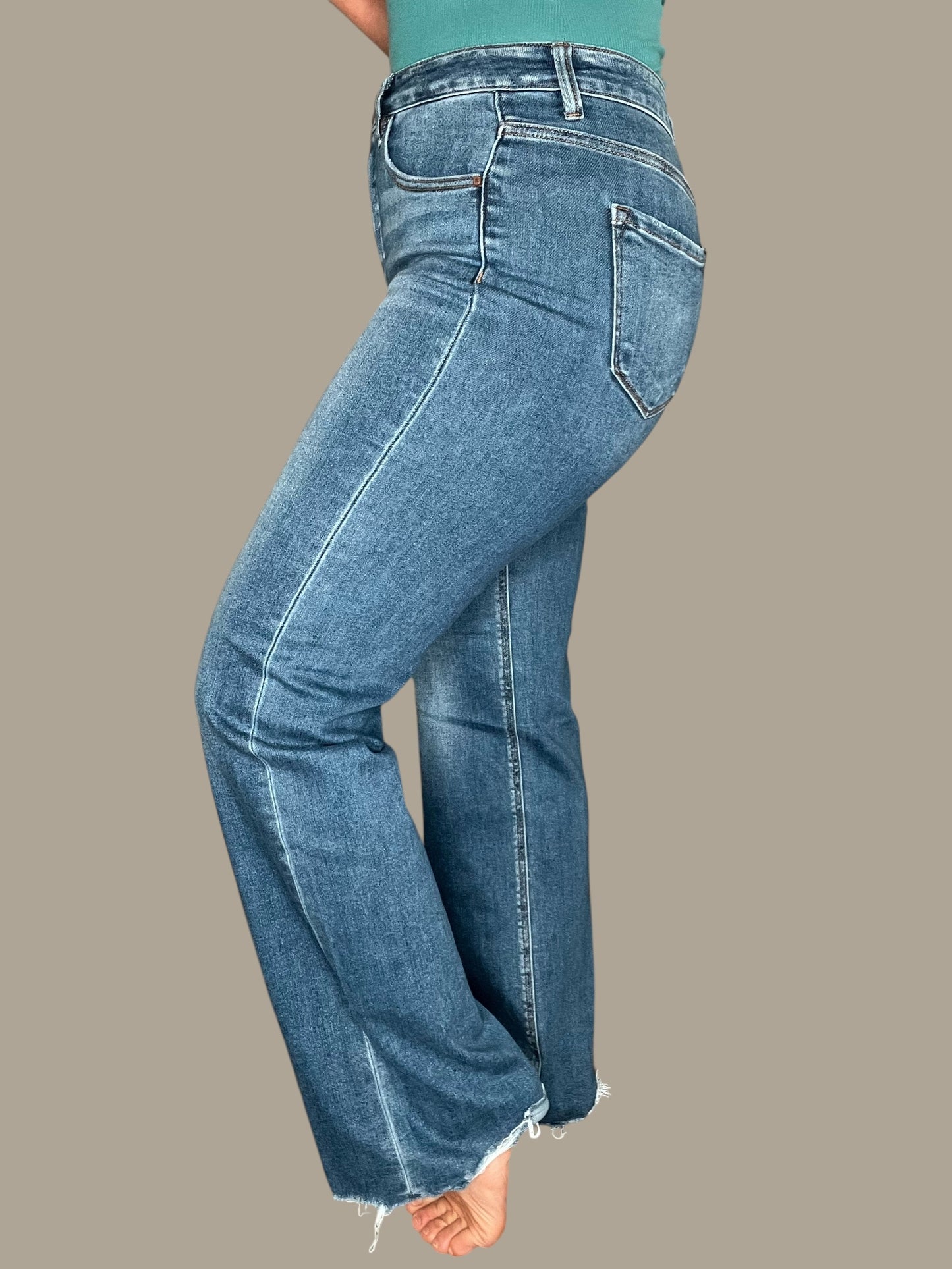 Risen Tummy Control High-Rise Wide Leg Raw Hem Jeans