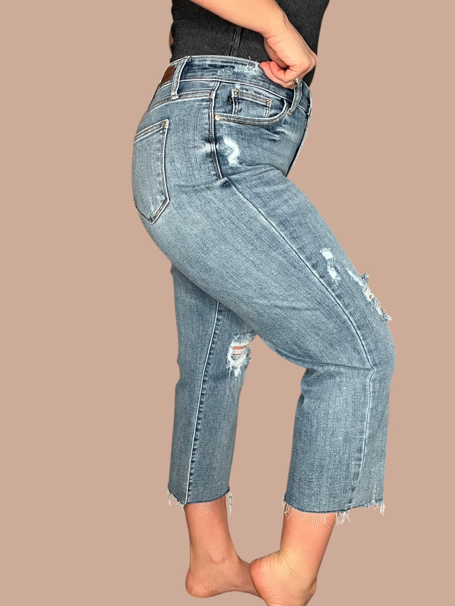 Judy Blue High-Rise Wide Leg Distressed Cropped Jeans
