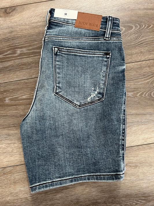 Judy Blue Mid-Length Button-Fly Distressed Jean Shorts