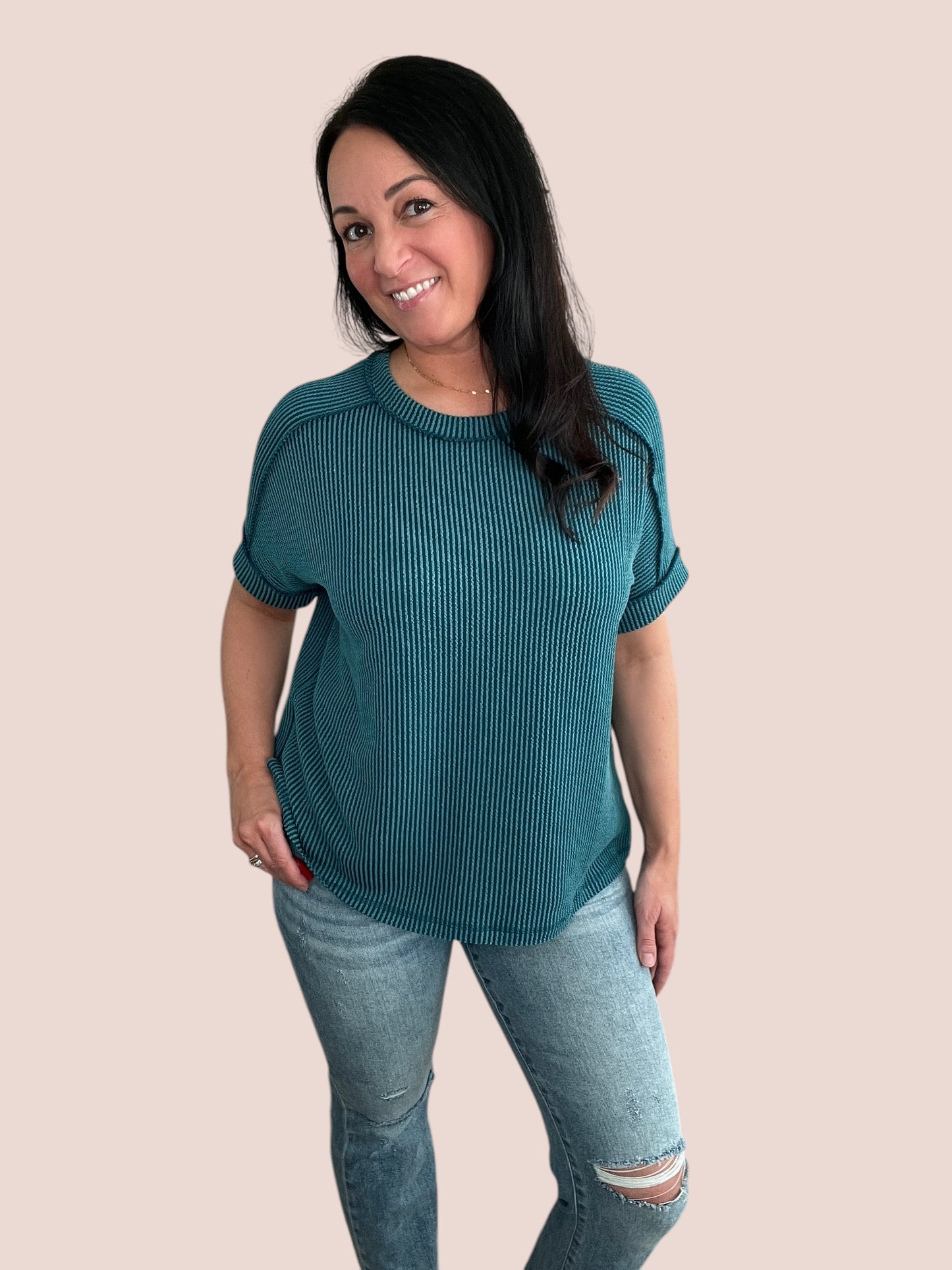 Cuffed Short Sleeve Ribbed Top