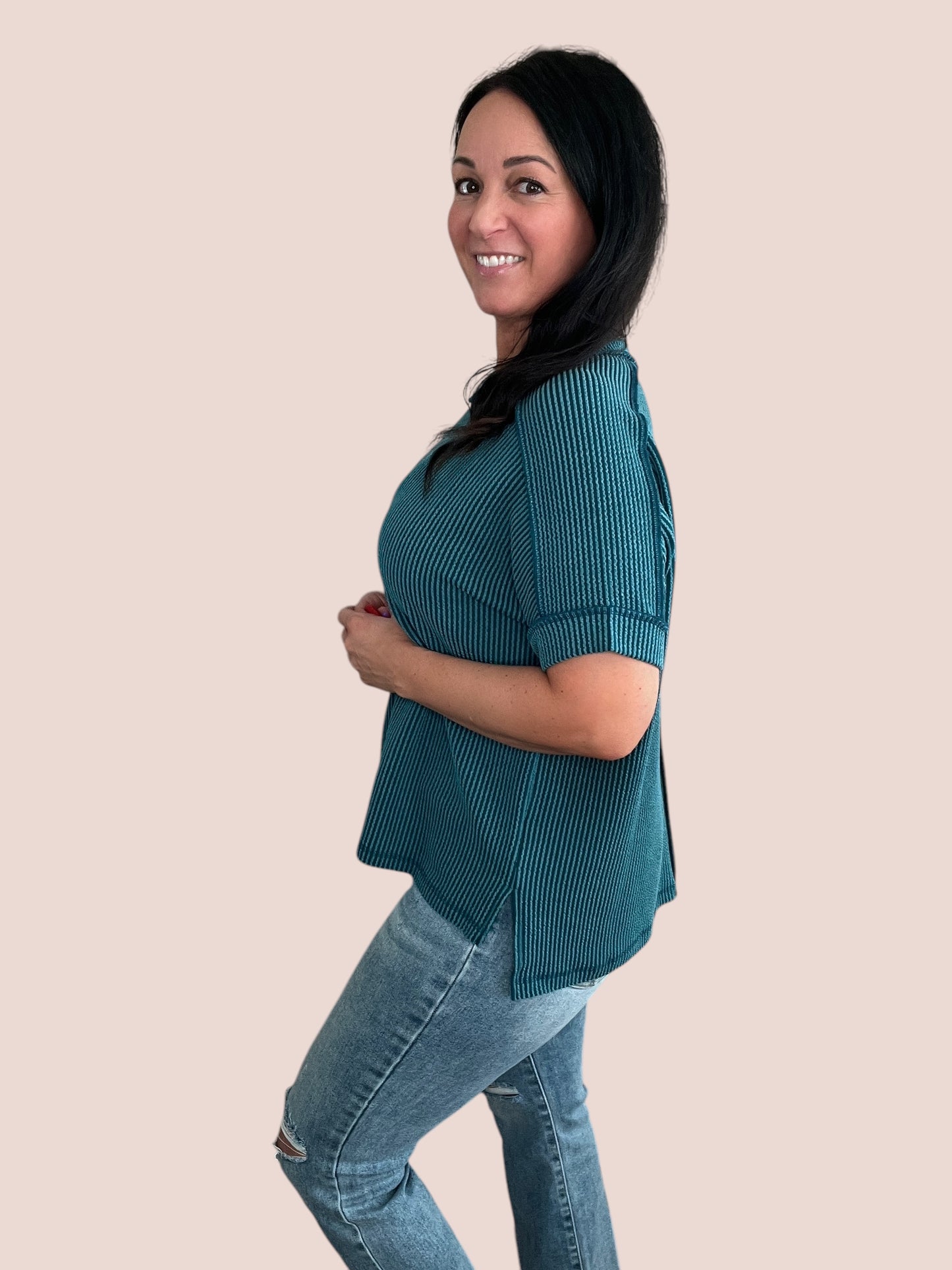 Cuffed Short Sleeve Ribbed Top
