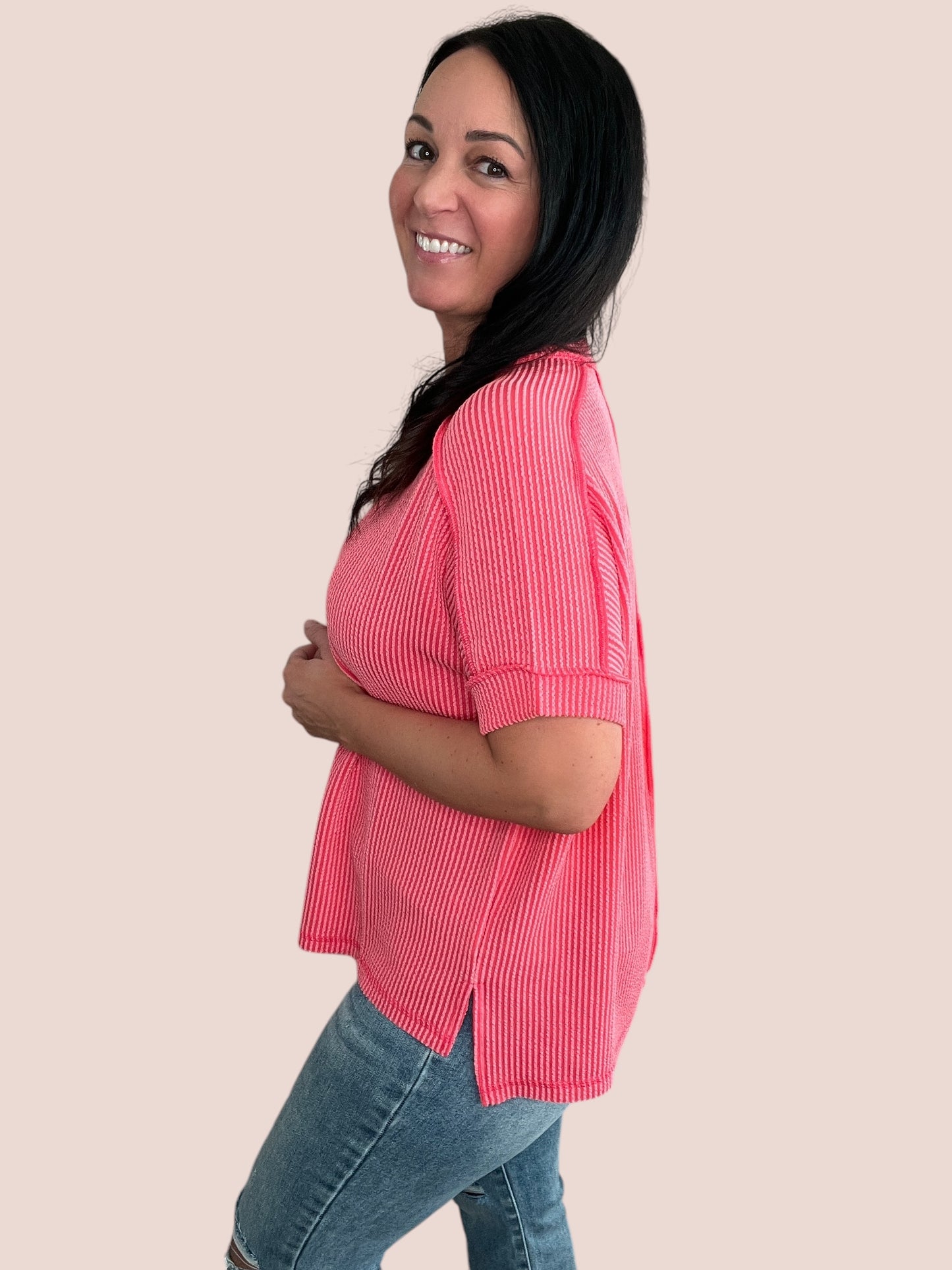 Cuffed Short Sleeve Ribbed Top