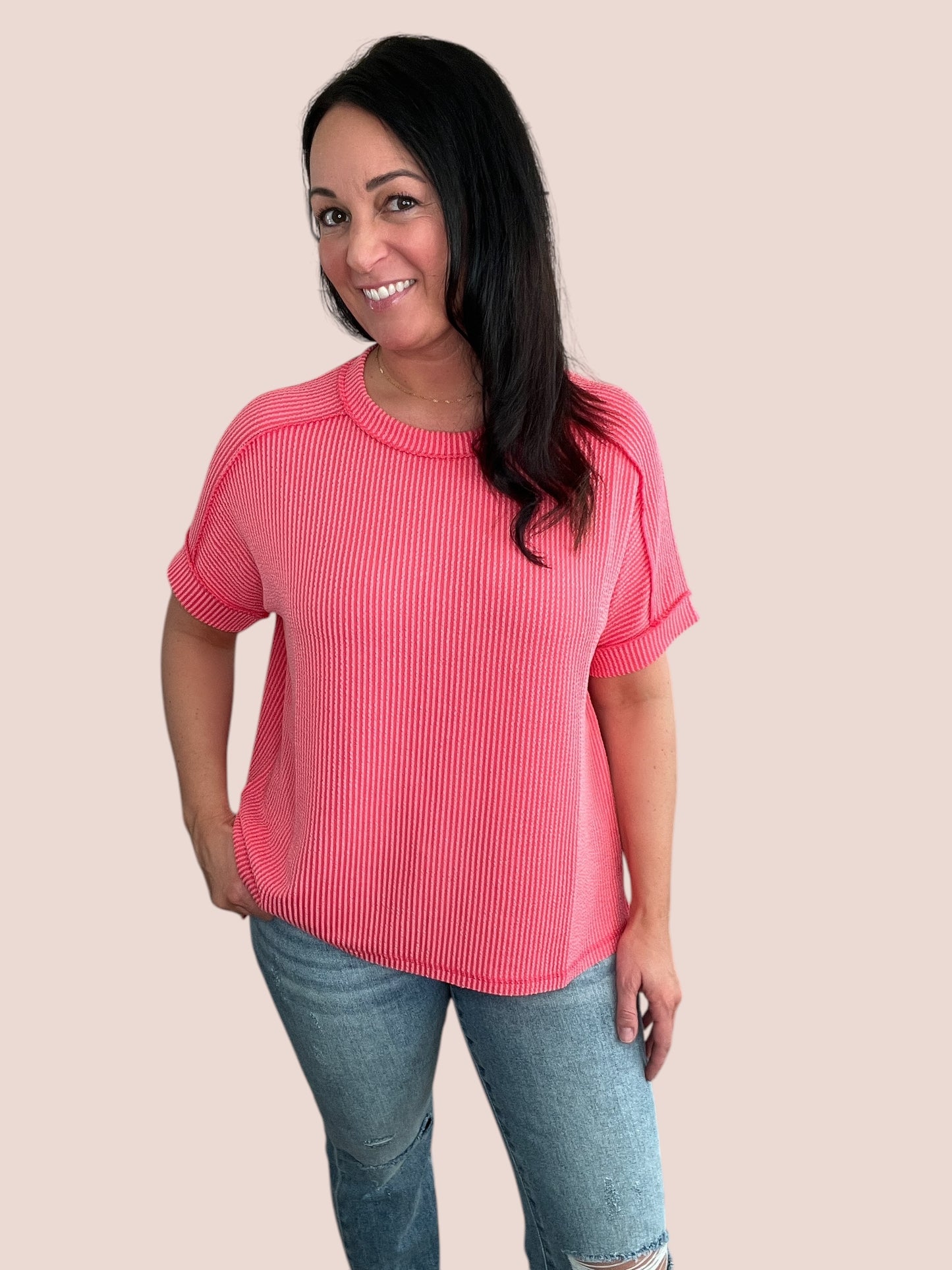 Cuffed Short Sleeve Ribbed Top
