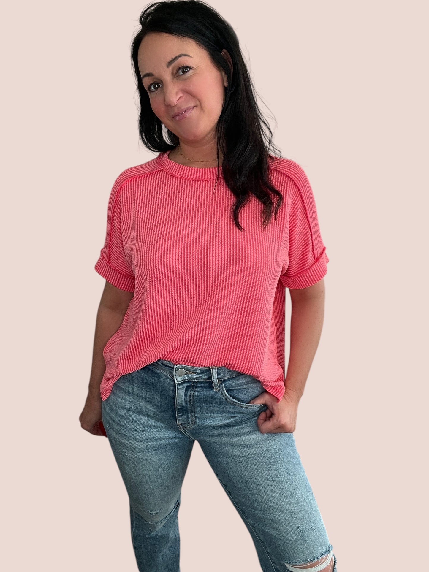 Cuffed Short Sleeve Ribbed Top