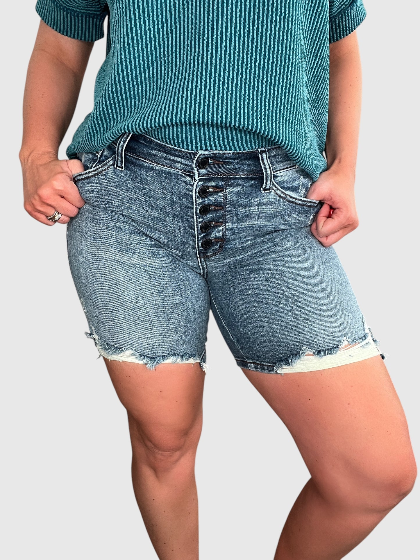Judy Blue Mid-Length Button-Fly Distressed Jean Shorts