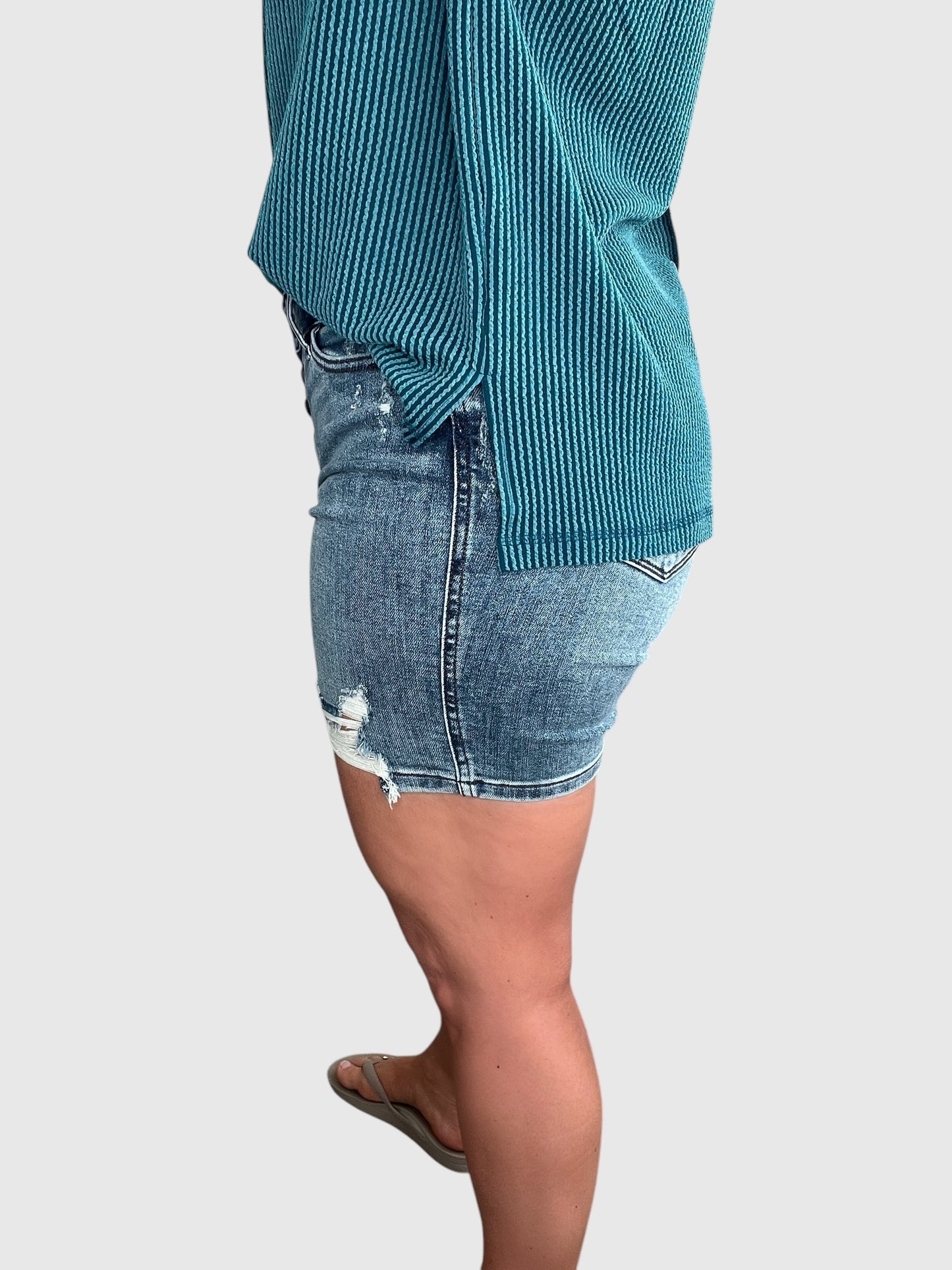 Judy Blue Mid-Length Button-Fly Distressed Jean Shorts