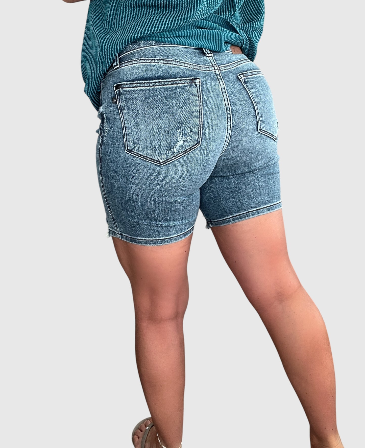Judy Blue Mid-Length Button-Fly Distressed Jean Shorts