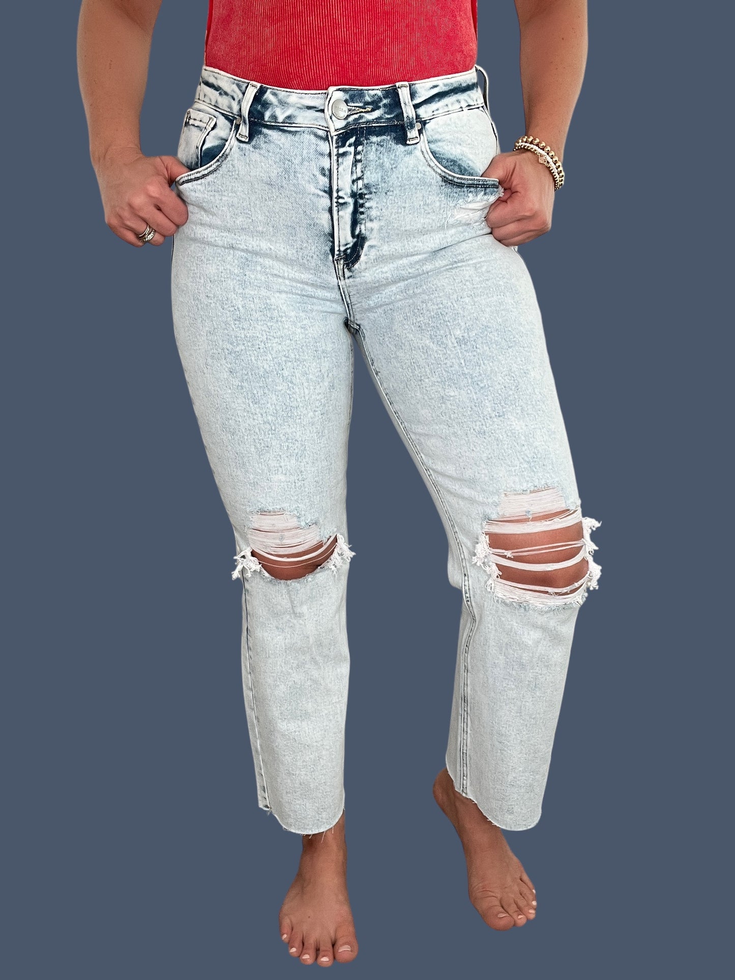 Risen High-Rise Knee Distressed Ankle Jeans