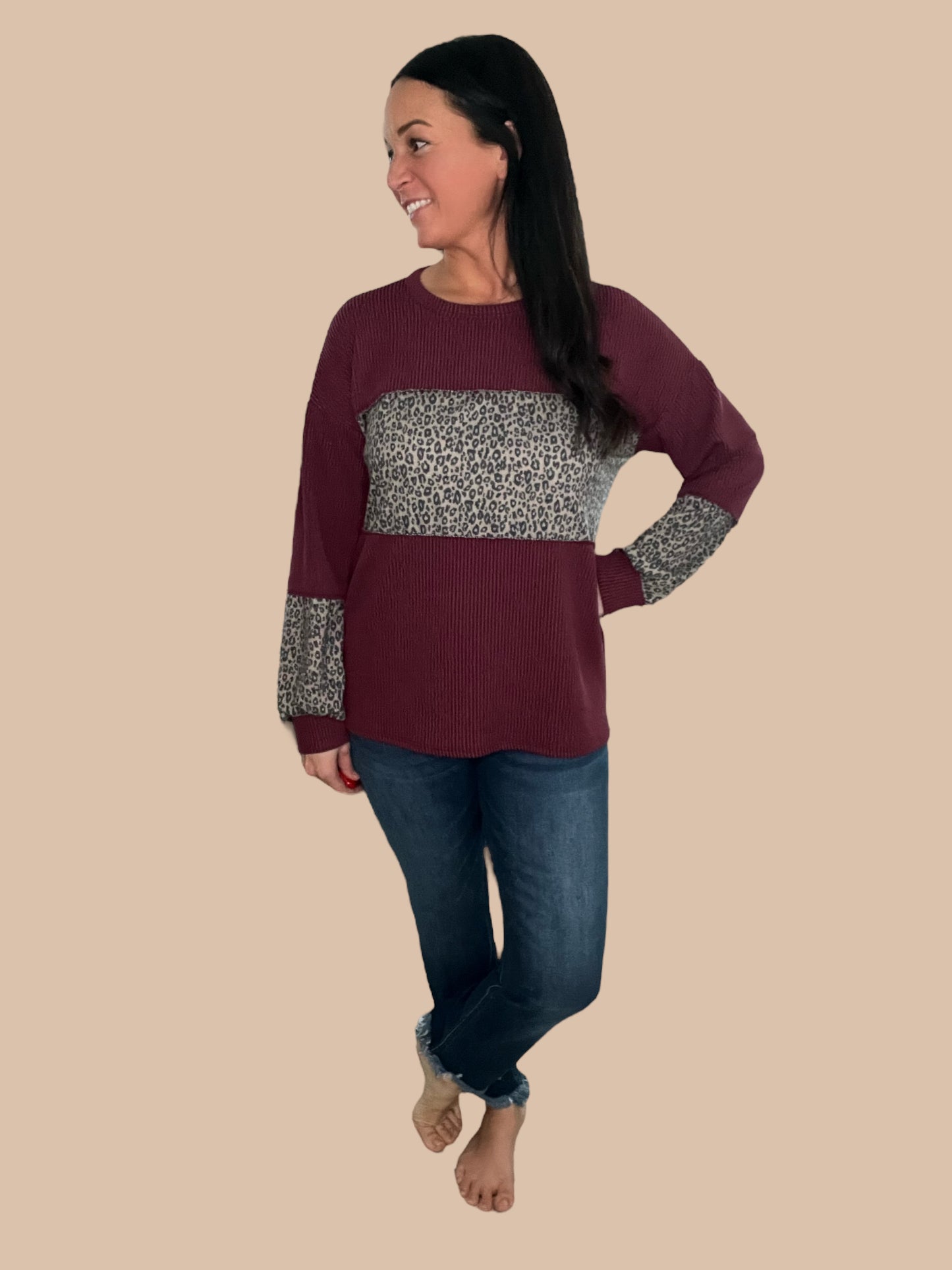 Ribbed Animal Print Long Sleeve Top