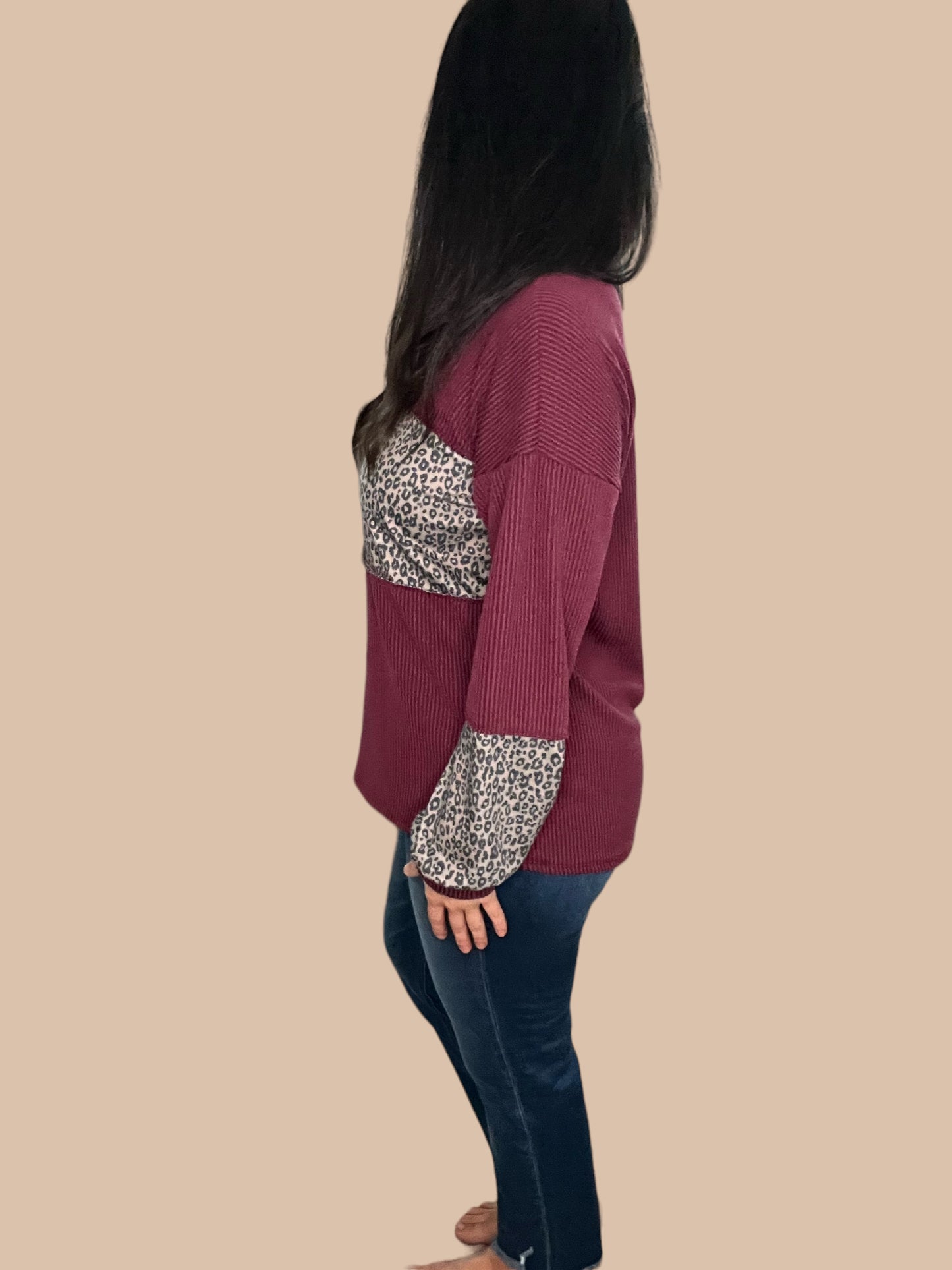 Ribbed Animal Print Long Sleeve Top